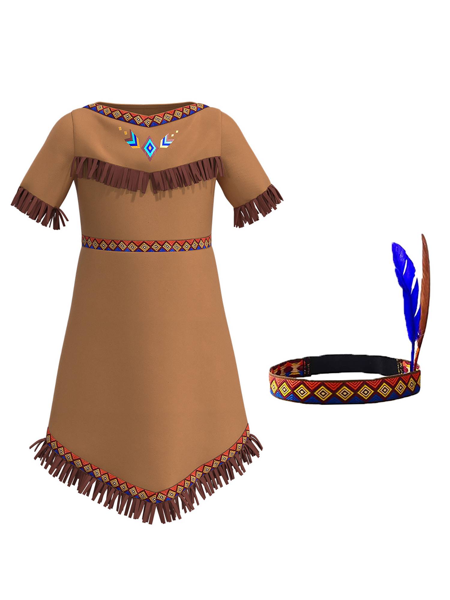 Girls Halloween Native Indian Tassel Short Sleeve Dress with Feather Headband