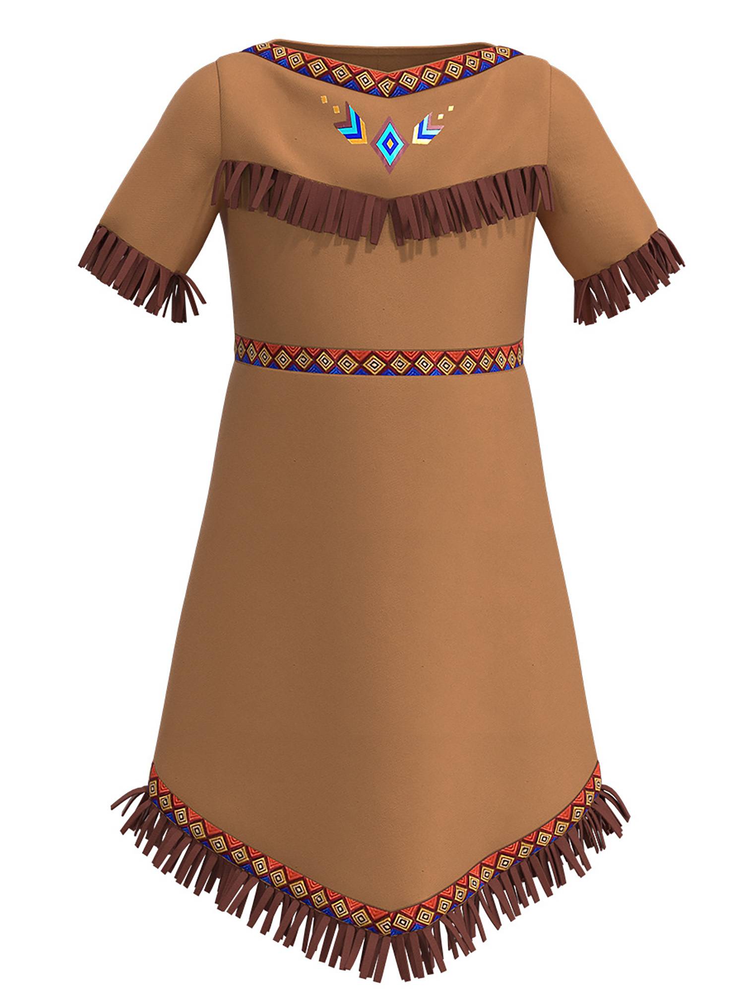 Girls Halloween Native Indian Tassel Short Sleeve Dress with Feather Headband
