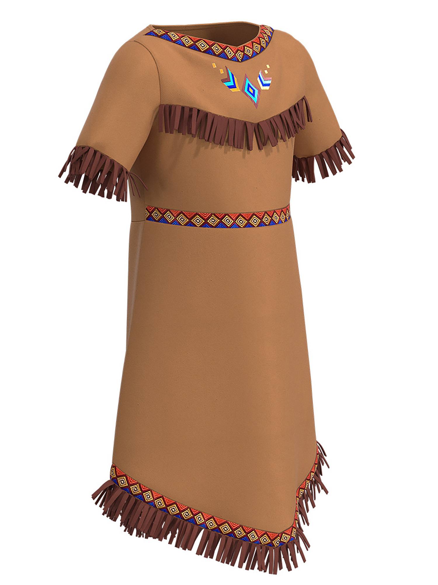 Girls Halloween Native Indian Tassel Short Sleeve Dress with Feather Headband