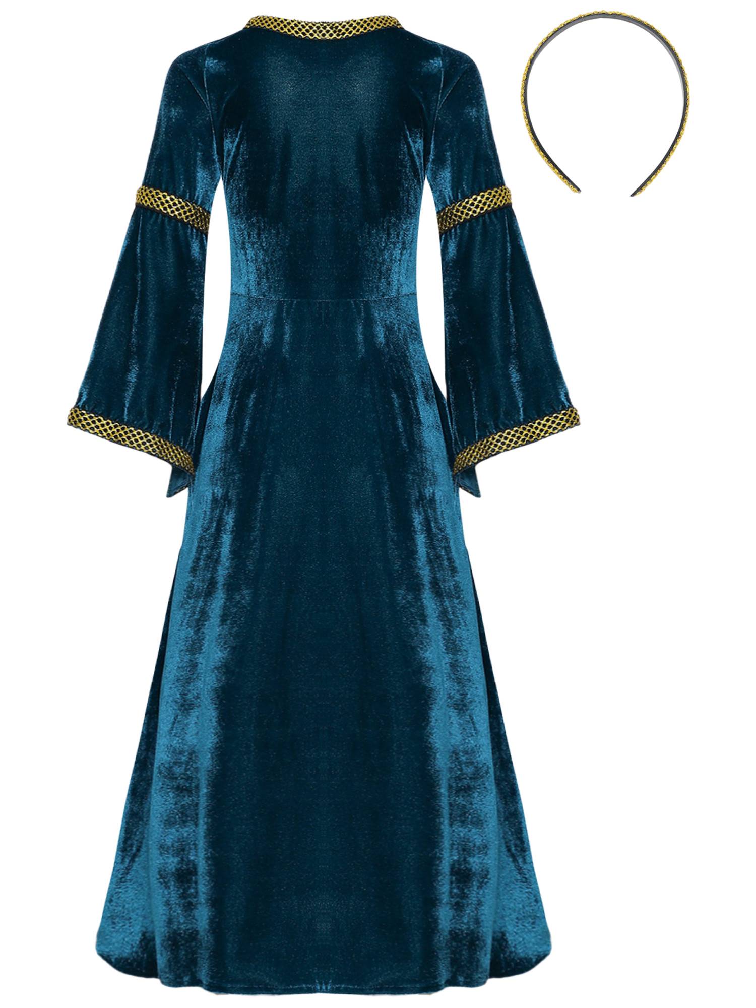 Kids Girls Square Neck Long Sleeve Velvet  Medieval Opera Dress with Headpiece