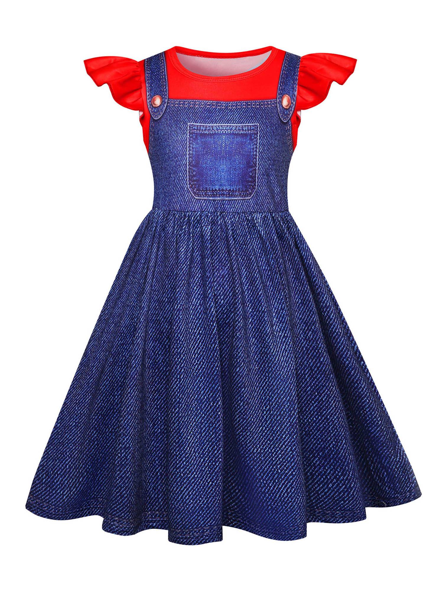 Girls Anime Character Costume Flutter Sleeve A-line 2 in 1 Denim Dress