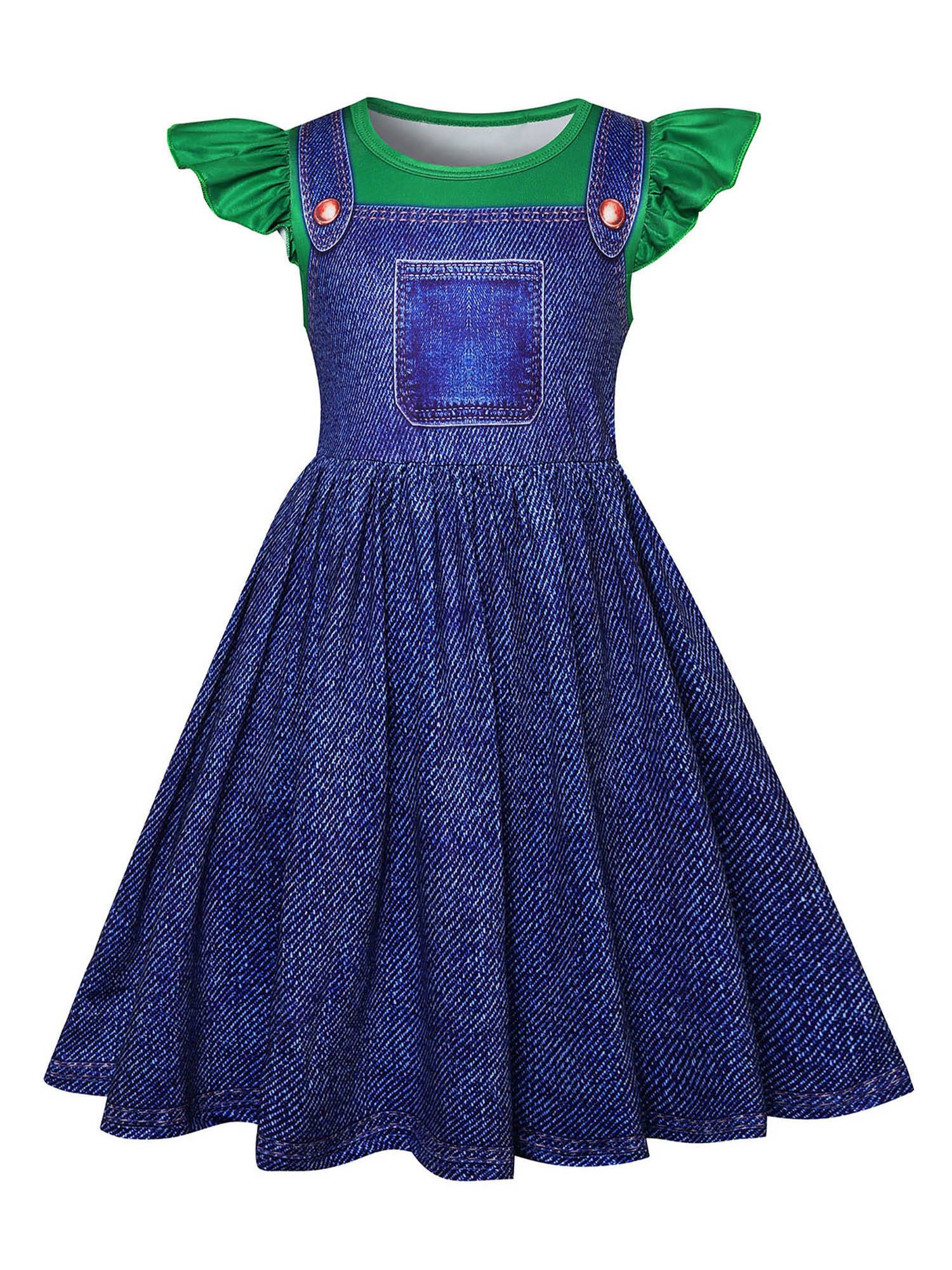 Girls Anime Character Costume Flutter Sleeve A-line 2 in 1 Denim Dress
