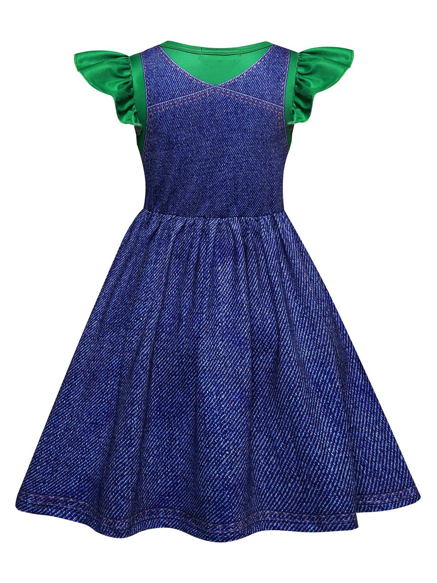 Girls Anime Character Costume Flutter Sleeve A-line 2 in 1 Denim Dress