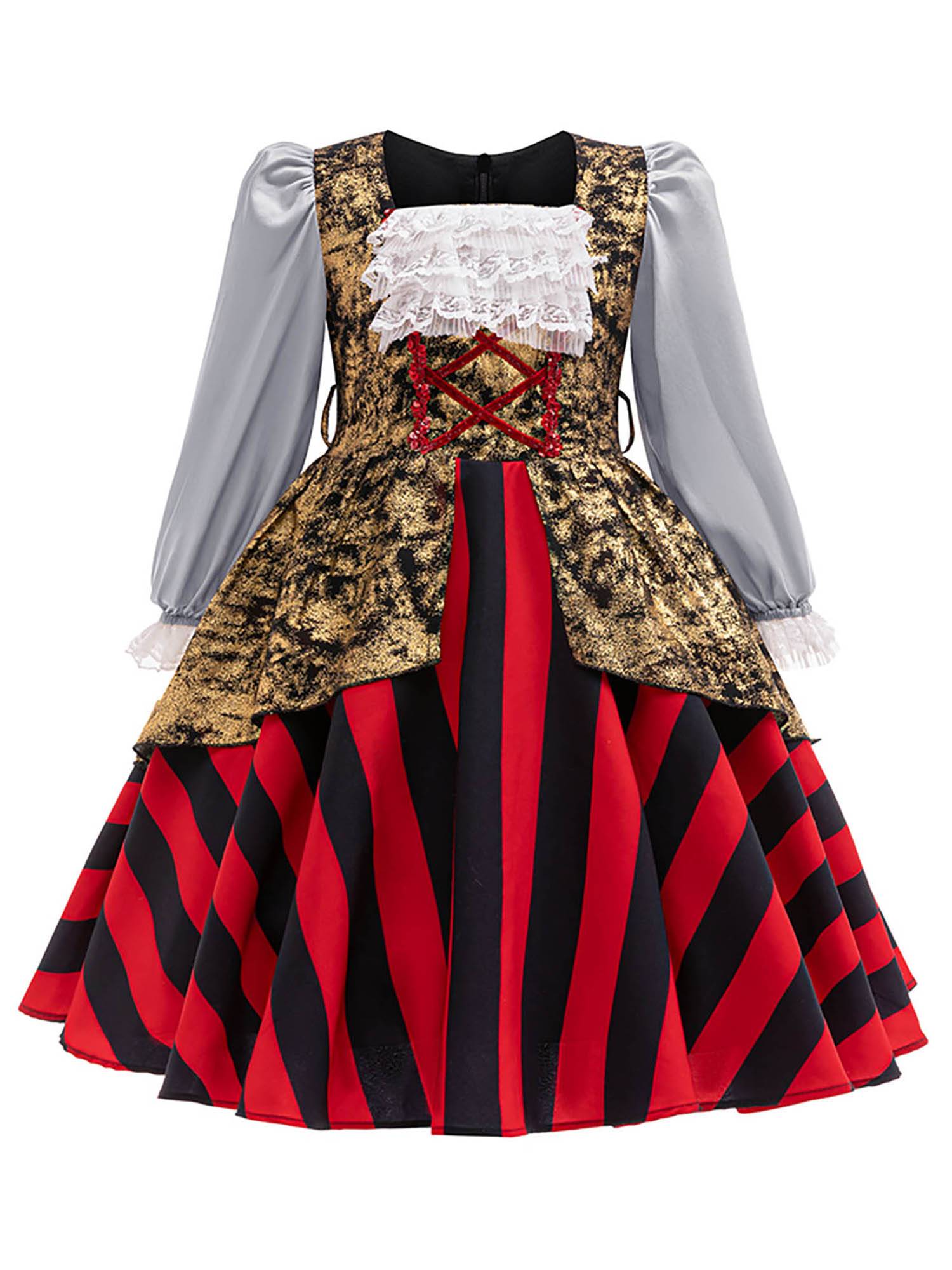 Girls Medieval Pirate Costume Long Sleeve Stripes Dress Halloween Ball Gown