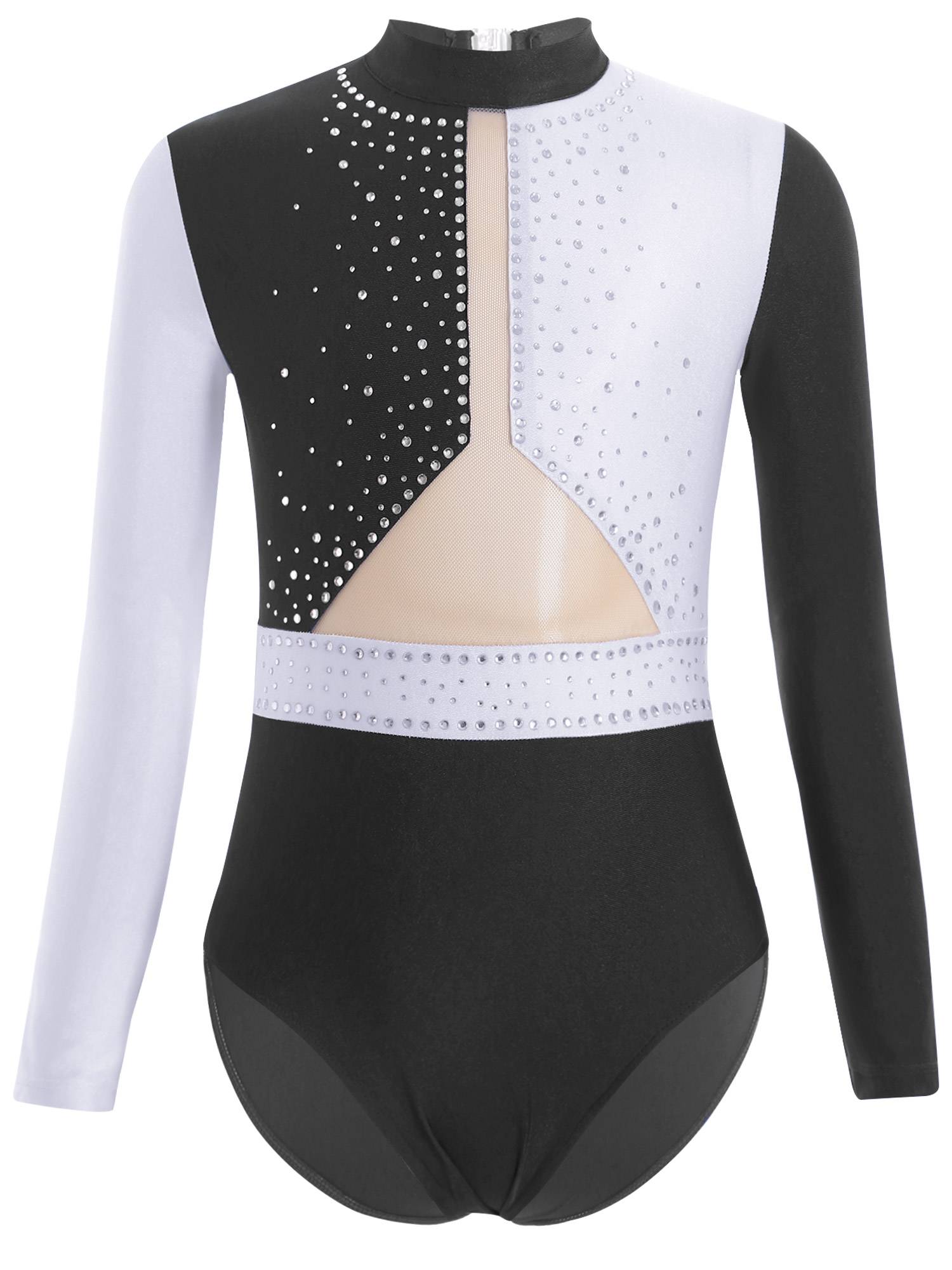 Kids Girls Long Sleeve Colorblock Rhinestones Gymnastics Leotard