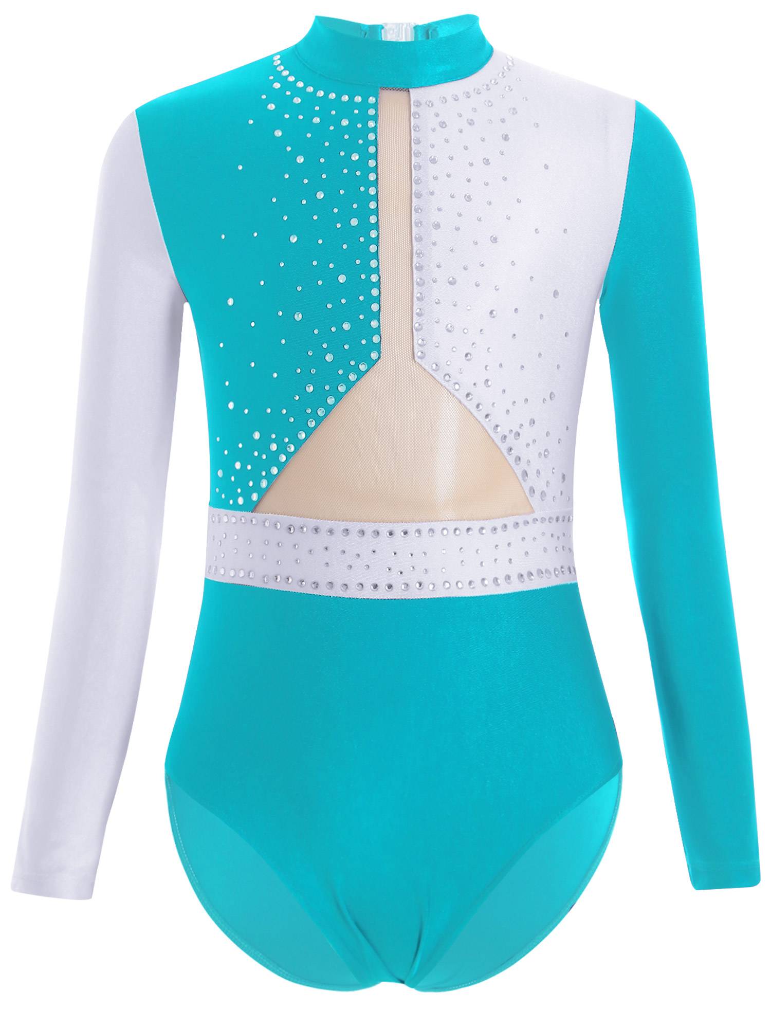 Kids Girls Long Sleeve Colorblock Rhinestones Gymnastics Leotard