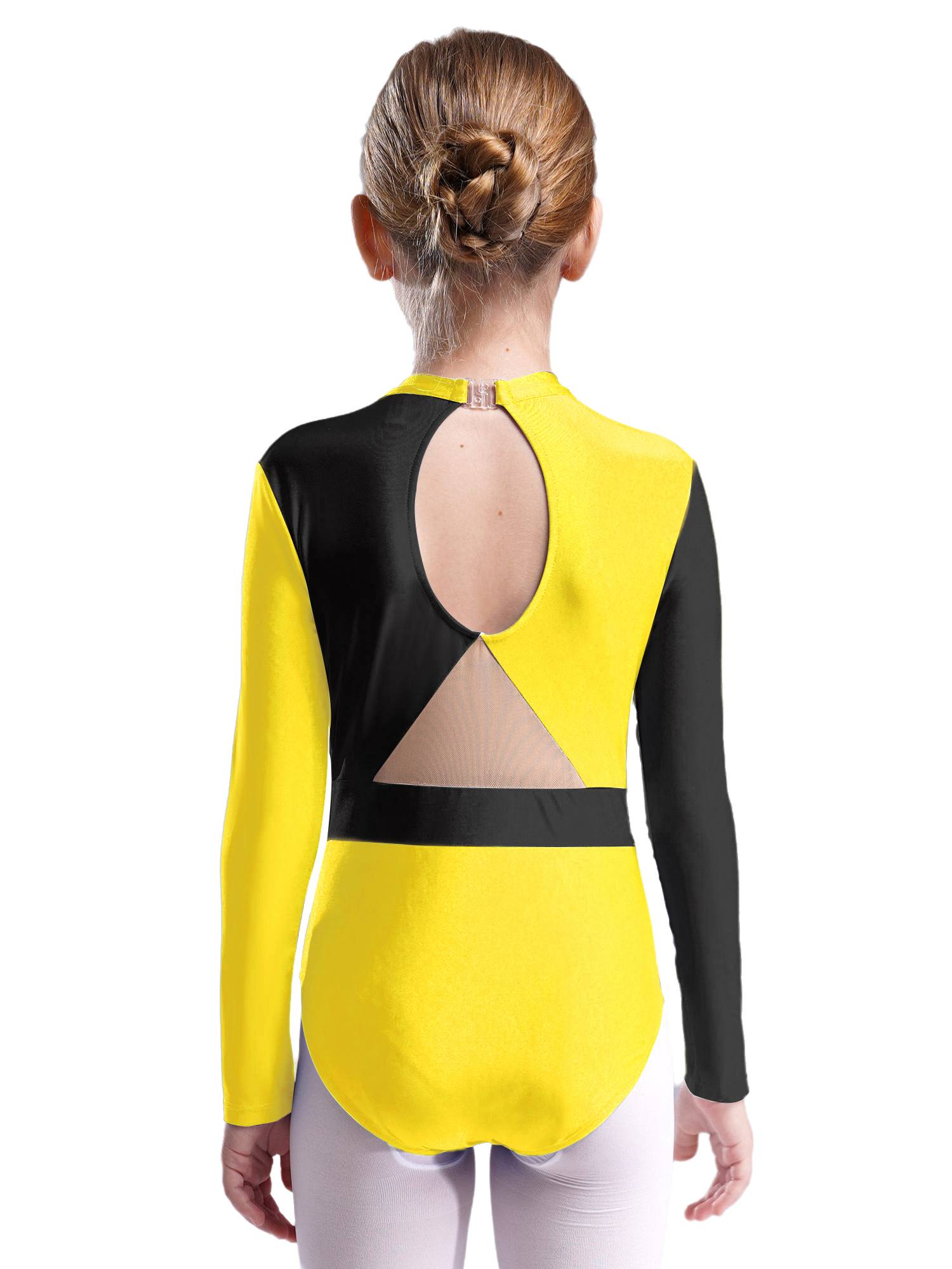 Kids Girls Long Sleeve Colorblock Rhinestones Gymnastics Leotard