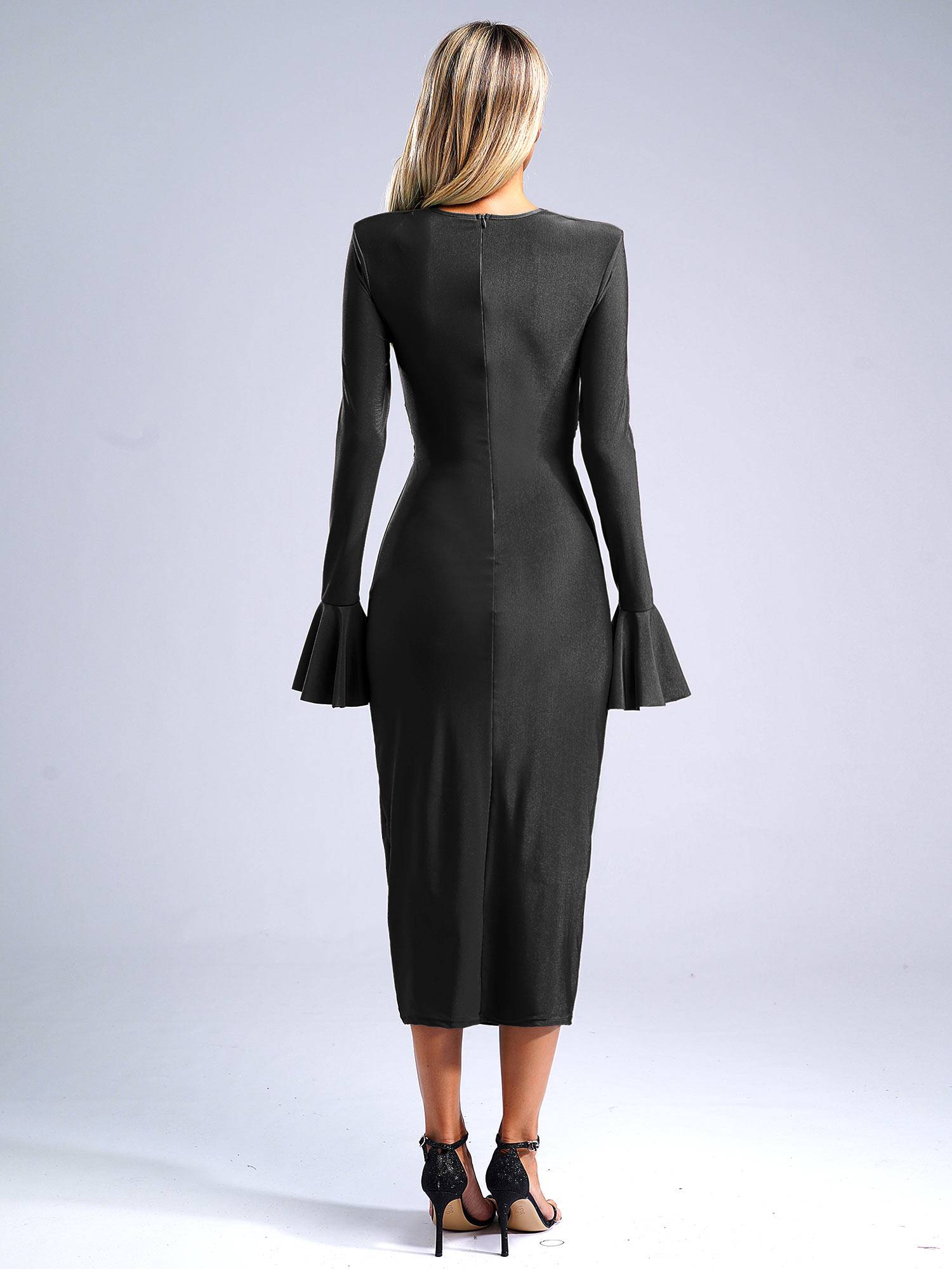 Women V Neck Long Sleeve Twisted Knot Cutout Pencil Dress for Cocktails