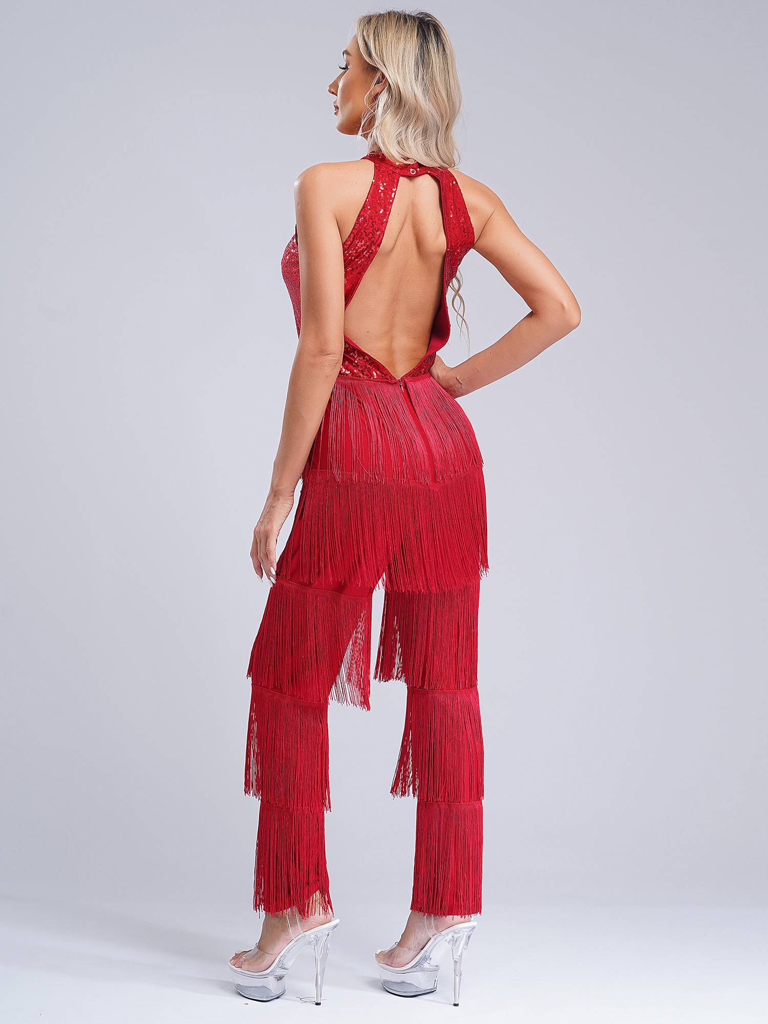 Women Sleeveless Backless Sequins Tiered Tassel Jumpsuit for Latin Dance