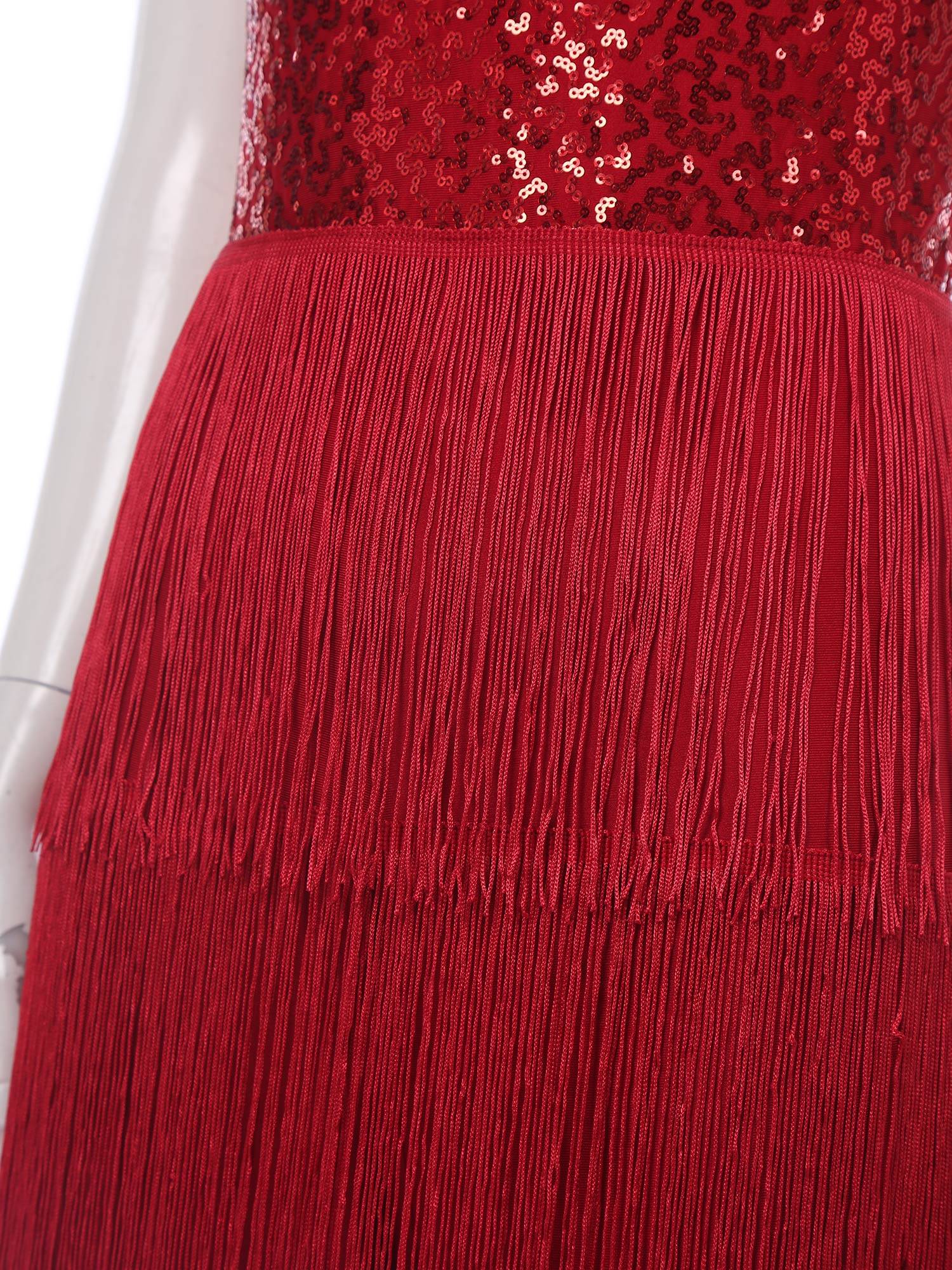 Women Sleeveless Backless Sequins Tiered Tassel Jumpsuit for Latin Dance