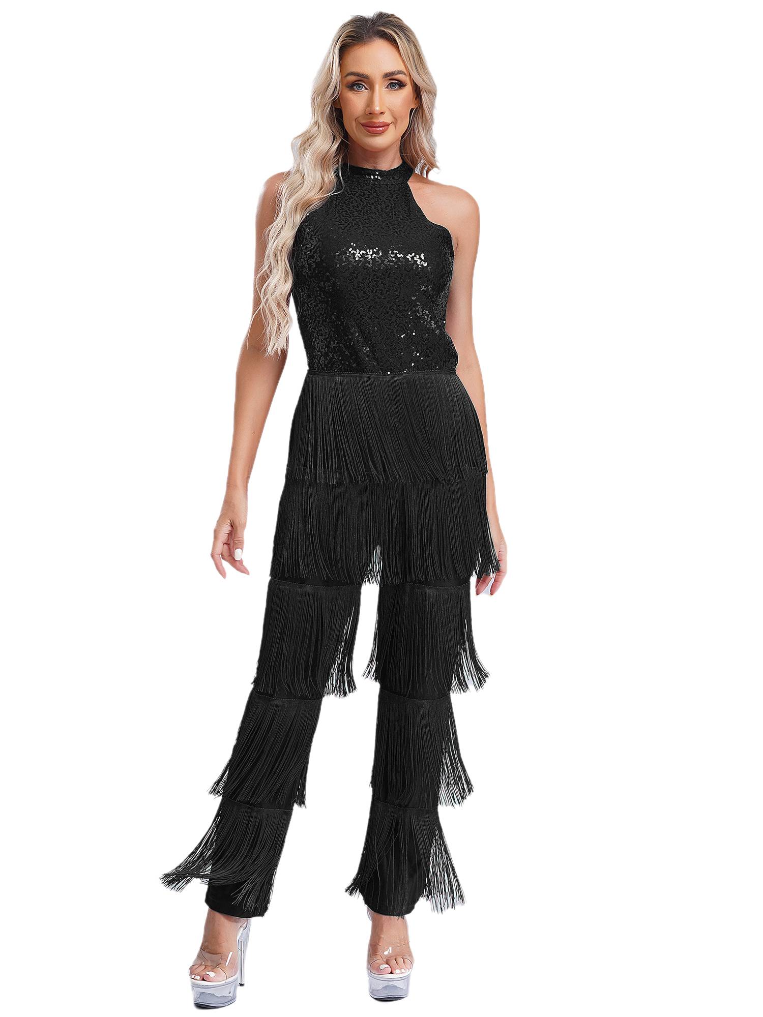 Women Sleeveless Backless Sequins Tiered Tassel Jumpsuit for Latin Dance