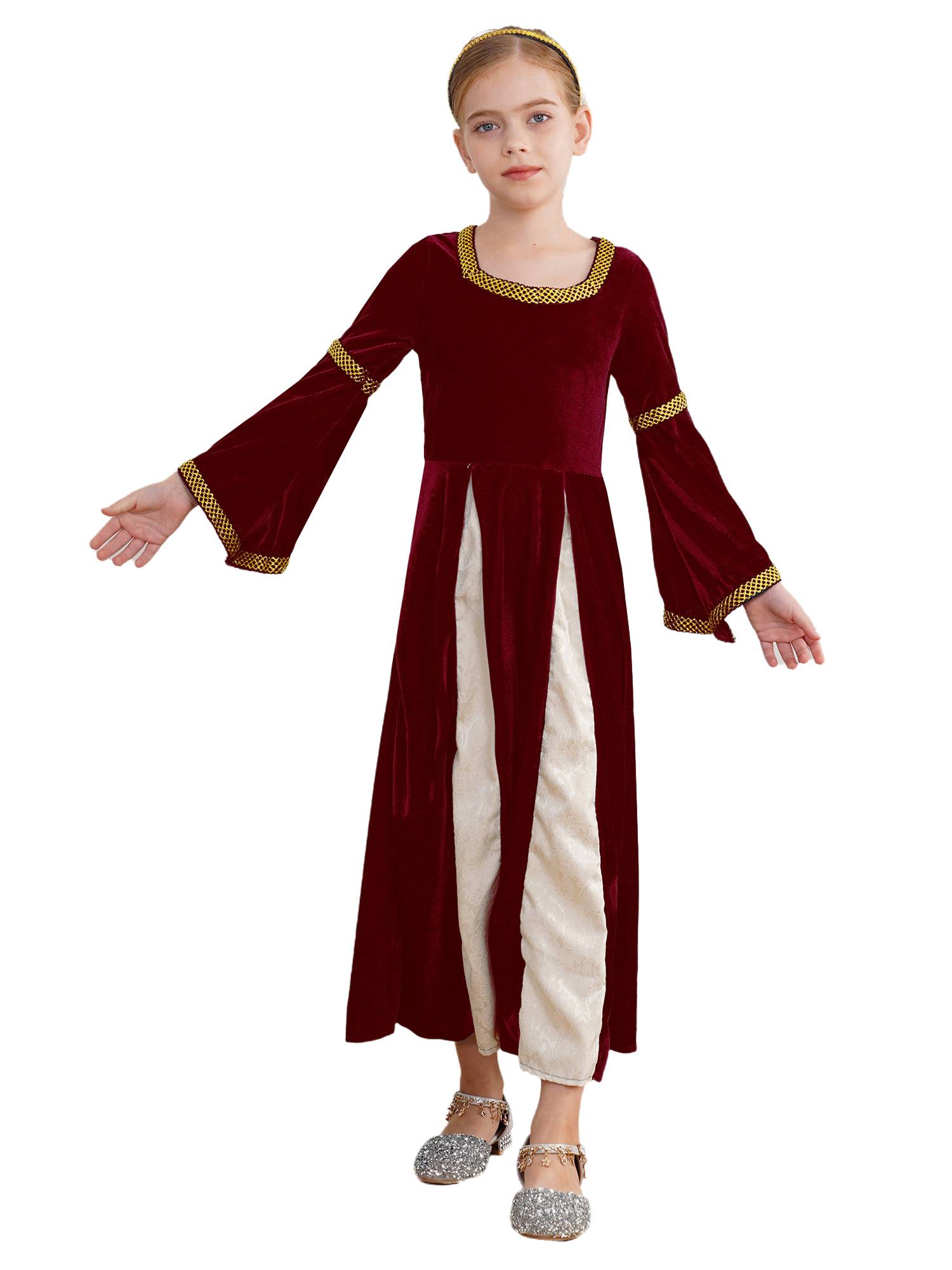 Kids Girls Square Neck Long Sleeve Velvet  Medieval Opera Dress with Headpiece