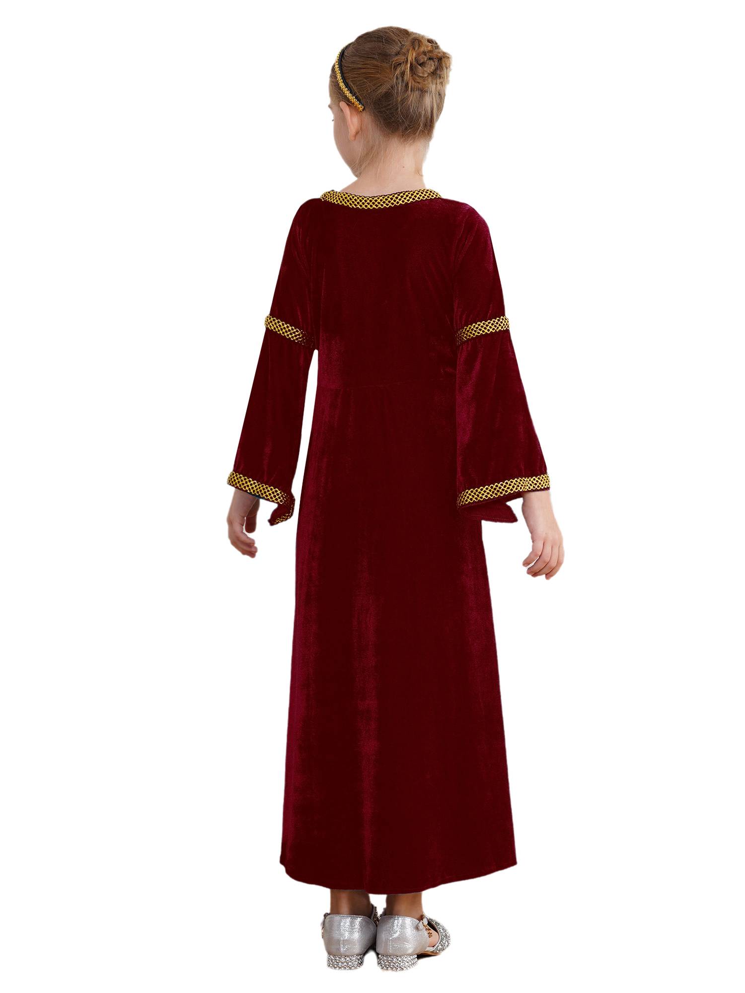 Kids Girls Square Neck Long Sleeve Velvet  Medieval Opera Dress with Headpiece