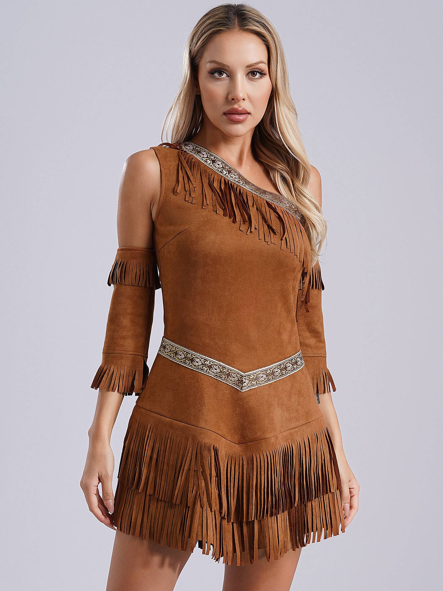 Women One Shoulder Fringe A-line Dress Greek Warrior Princess Costume