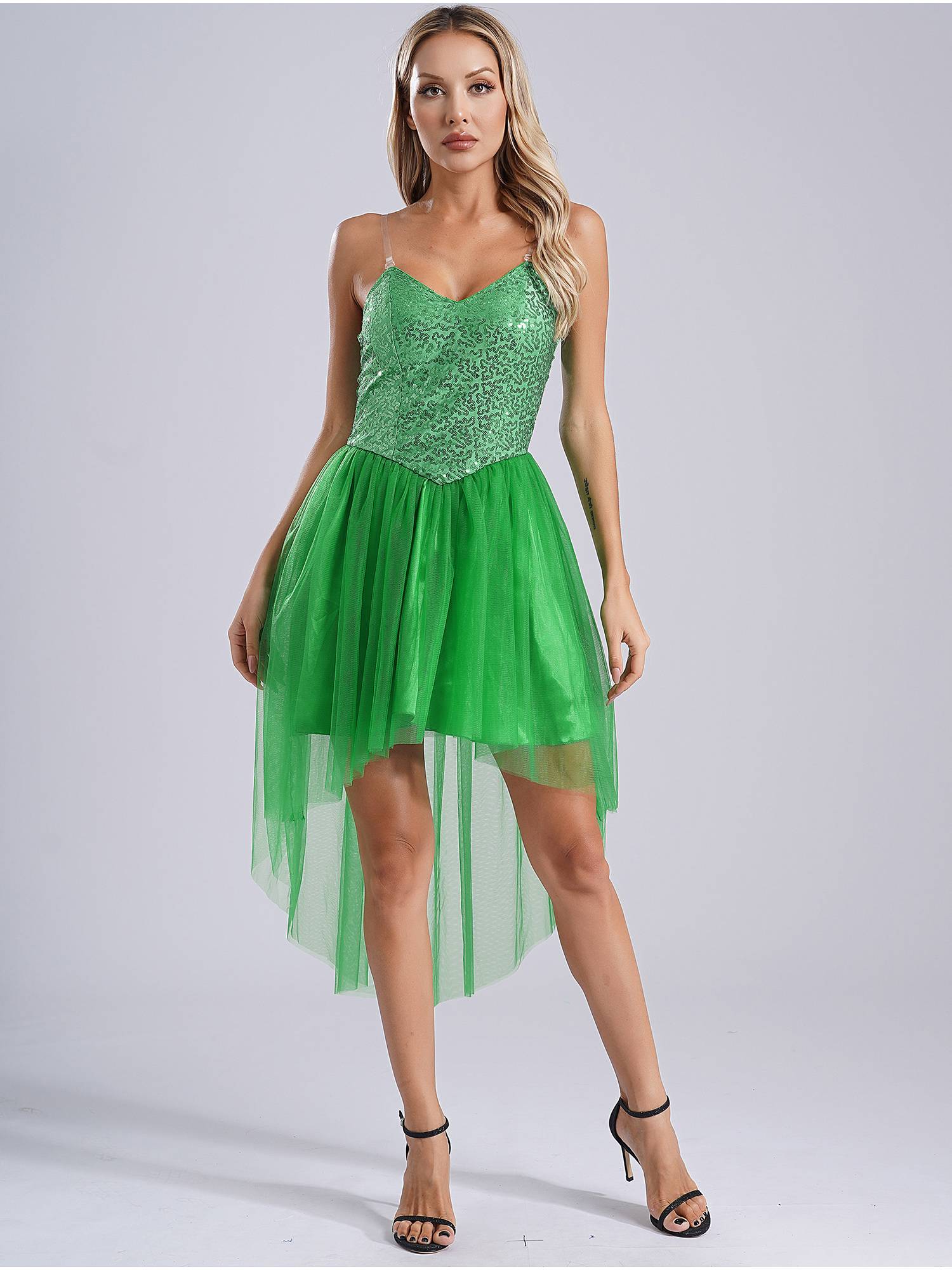 Women V Neck Sleeveless Sequin High-low Tulle Dress for Prom