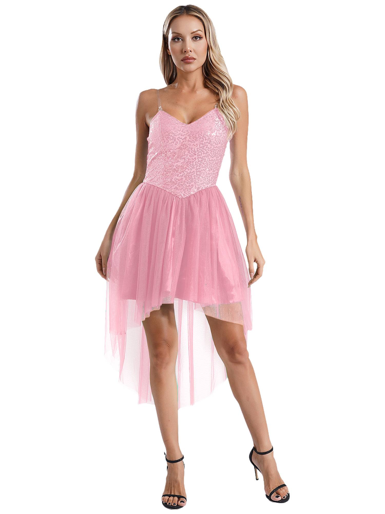 Women V Neck Sleeveless Sequin High-low Tulle Dress for Prom