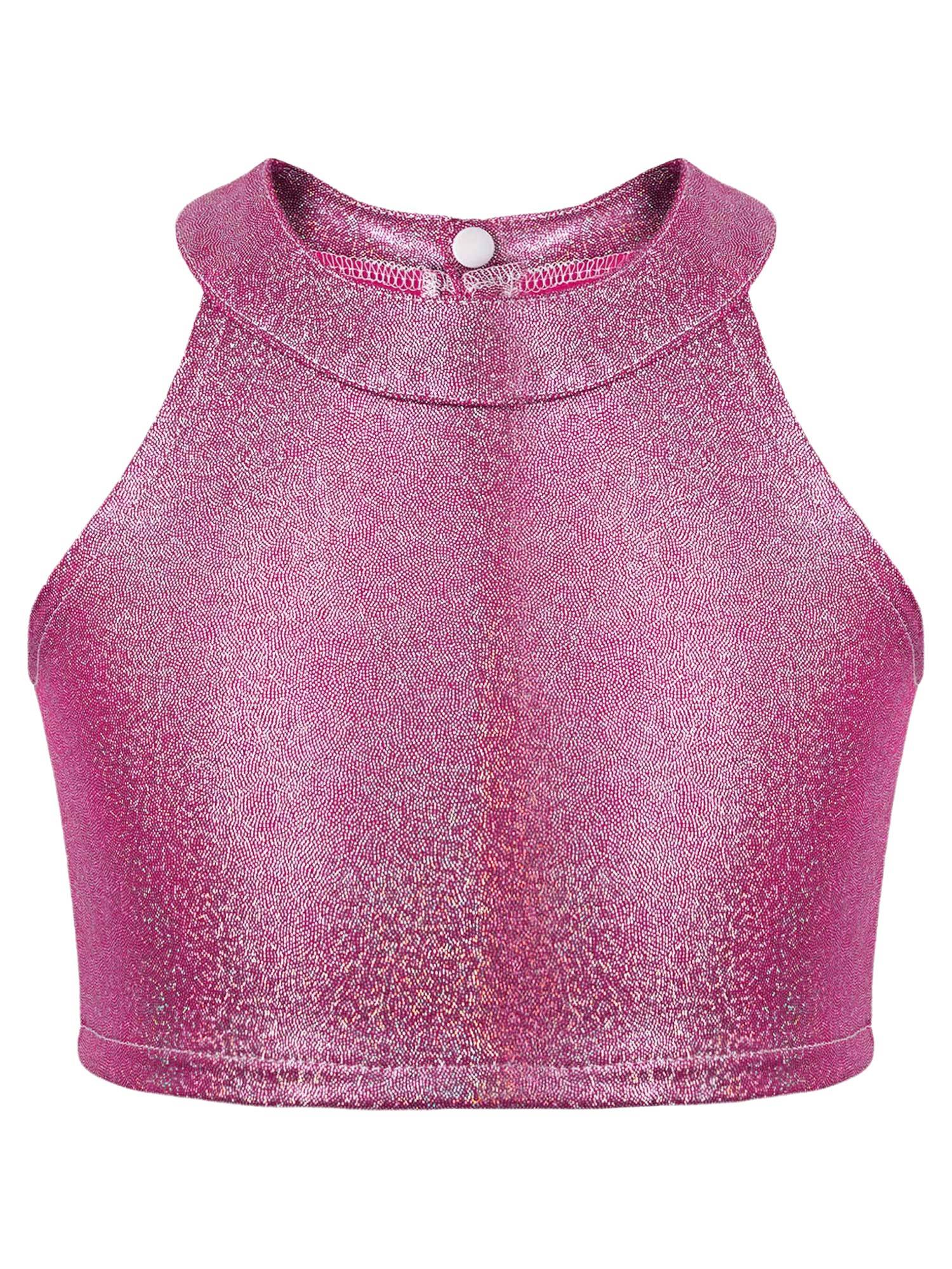 Kids Girls Metallic Sleeveless Halter Neck Jazz Dance Crop Top