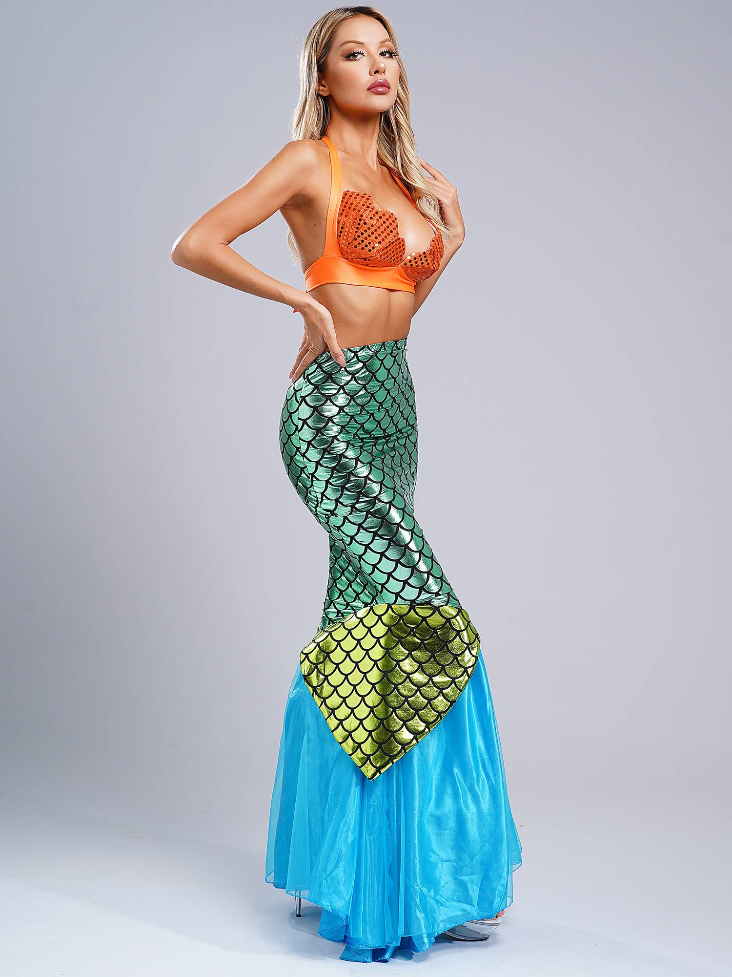Women Scallop-shaped Cup Lace-up Bra and Shiny Fishtail Maxi Skirt Mermaid Set
