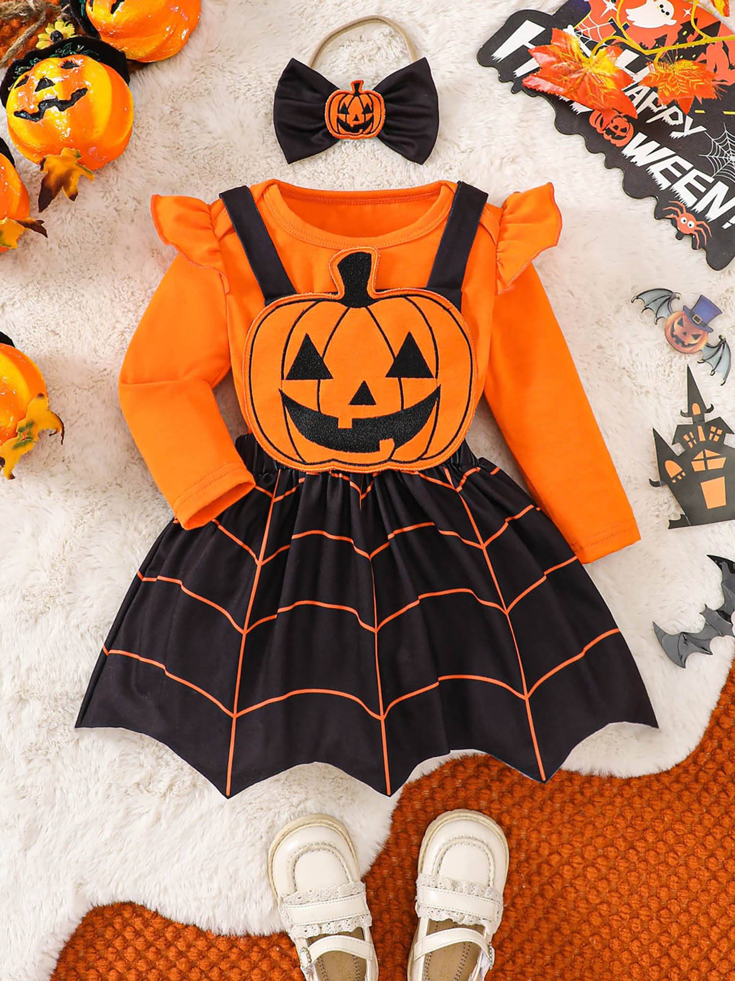 Baby Girl Romper and Dress Set Pumpkin Spider Web Halloween Costume