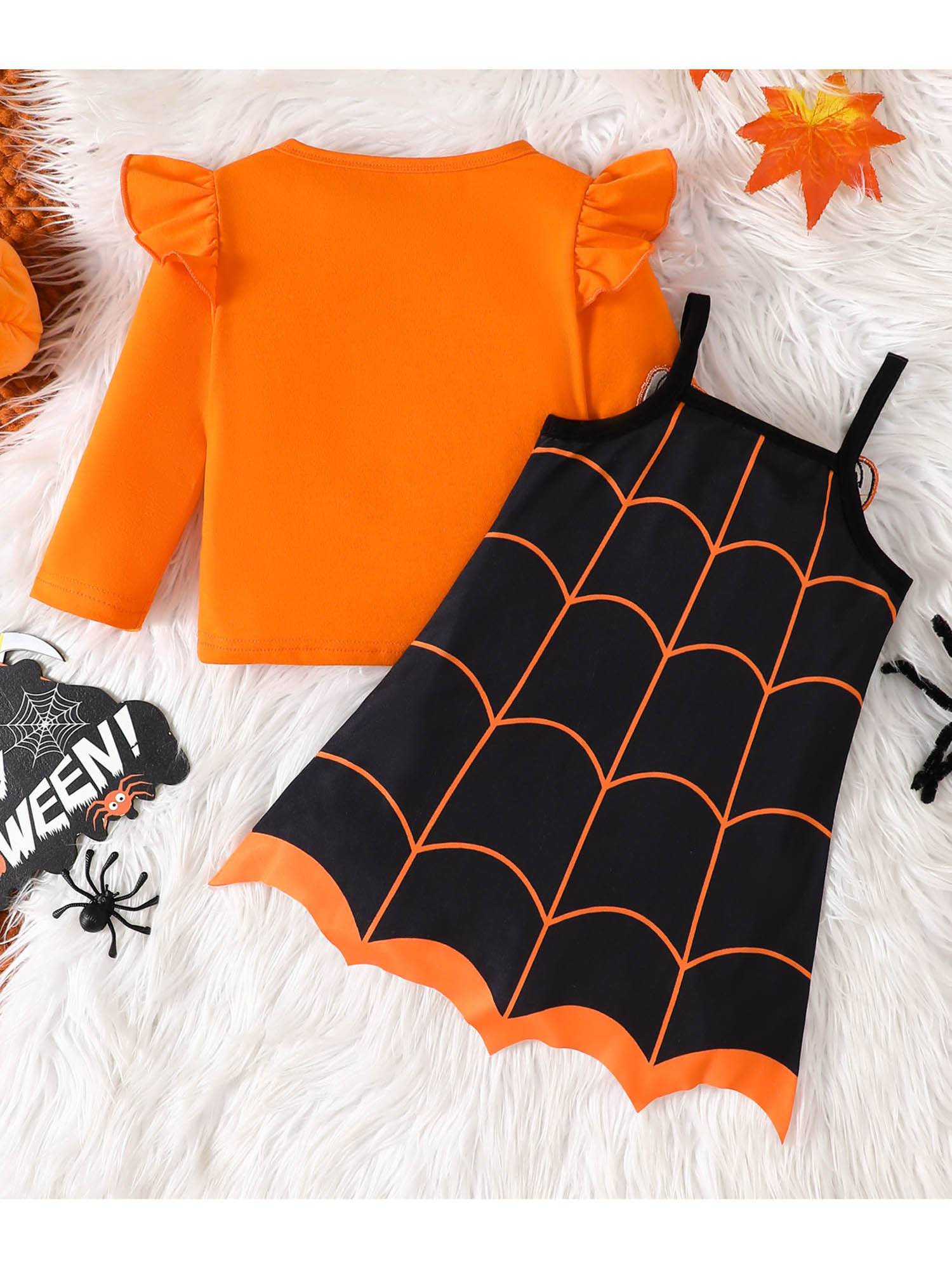 Toddler Girl Halloween 2pcs Long Sleeve T-Shirt and Pumpkin Tank Dress Set