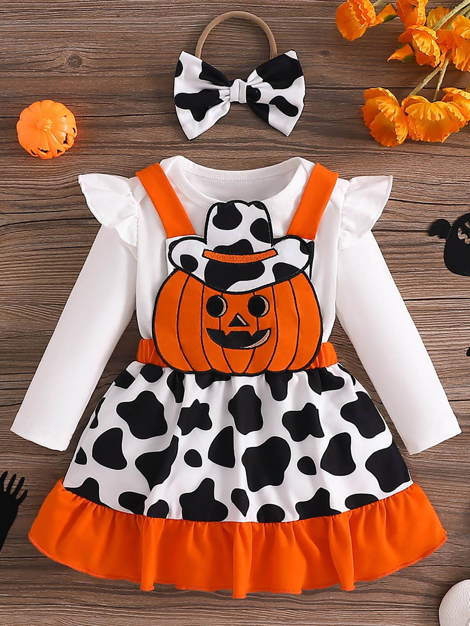 Baby Girl 3pcs Halloween Long Sleeve Romper and Pumpkin Dress with Headband
