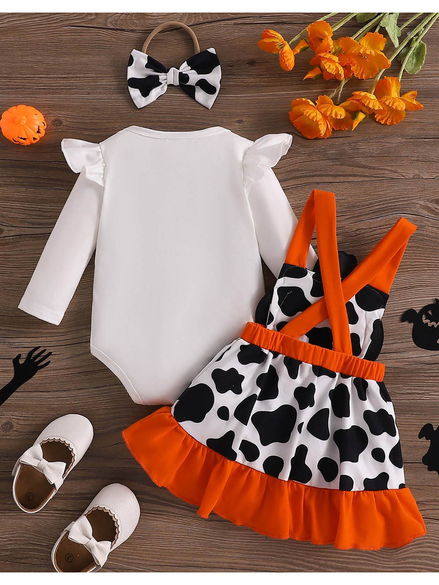 Baby Girl 3pcs Halloween Long Sleeve Romper and Pumpkin Dress with Headband