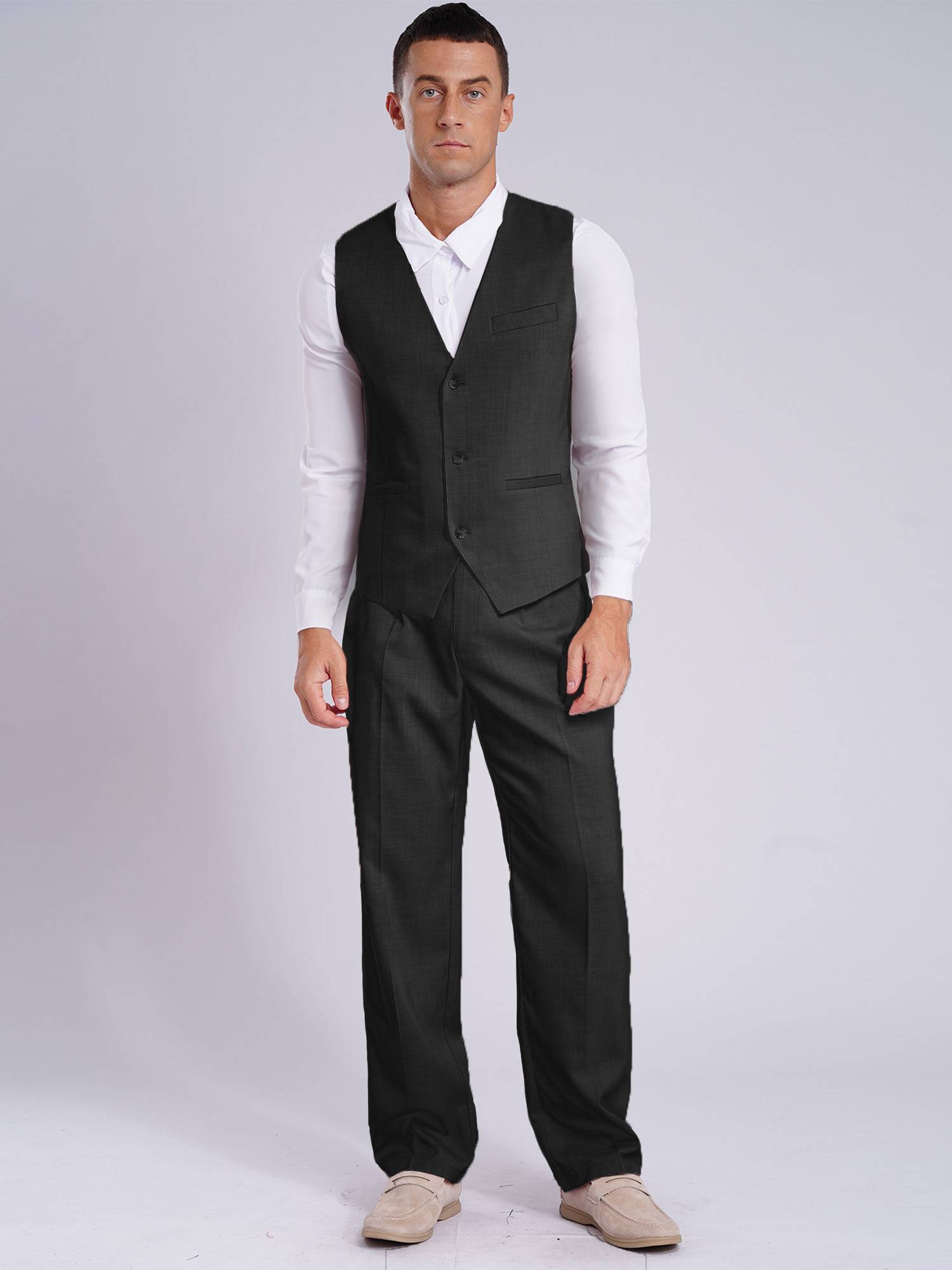 Men 2pcs V Neck Button-up Vest and Pants Set for Wedding Cocktail