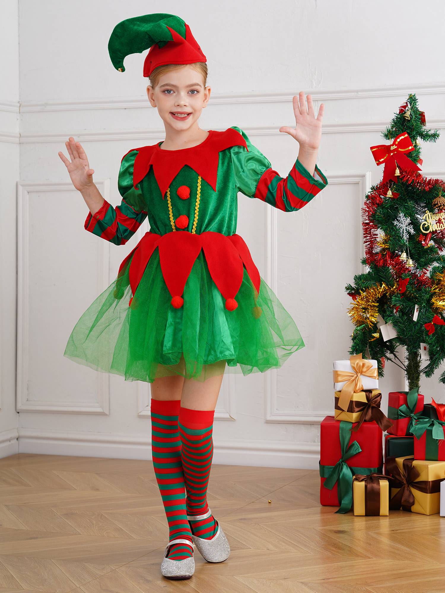 Kids Girls Christmas Elf Long Sleeve Dress with Hat and Stripes Stockings Set