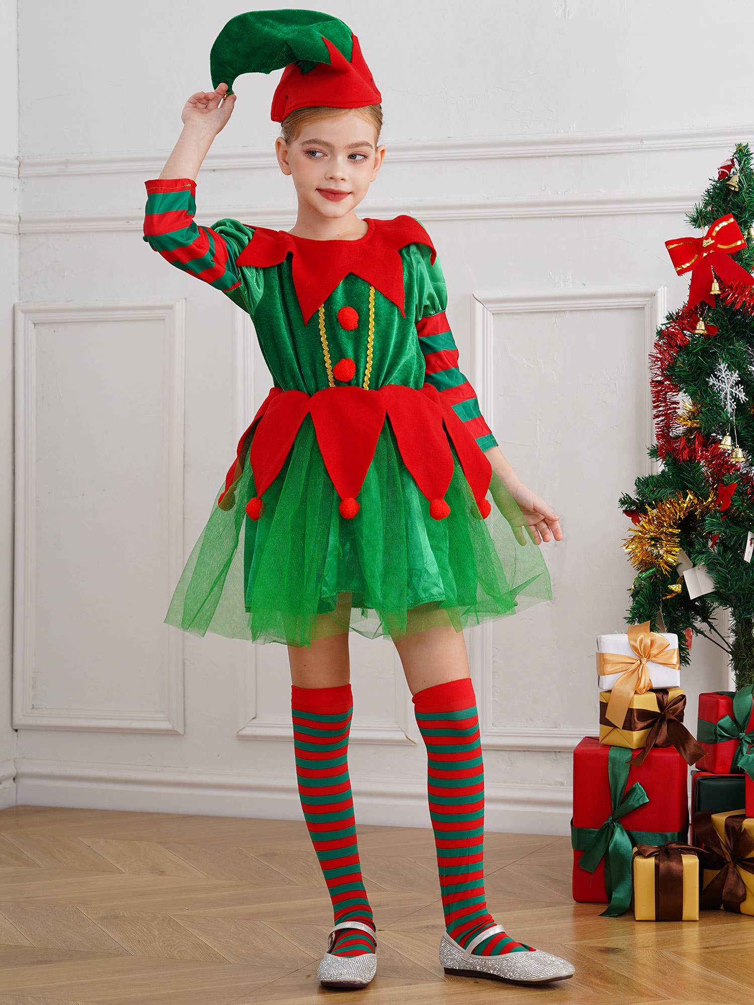 Kids Girls Christmas Elf Long Sleeve Dress with Hat and Stripes Stockings Set
