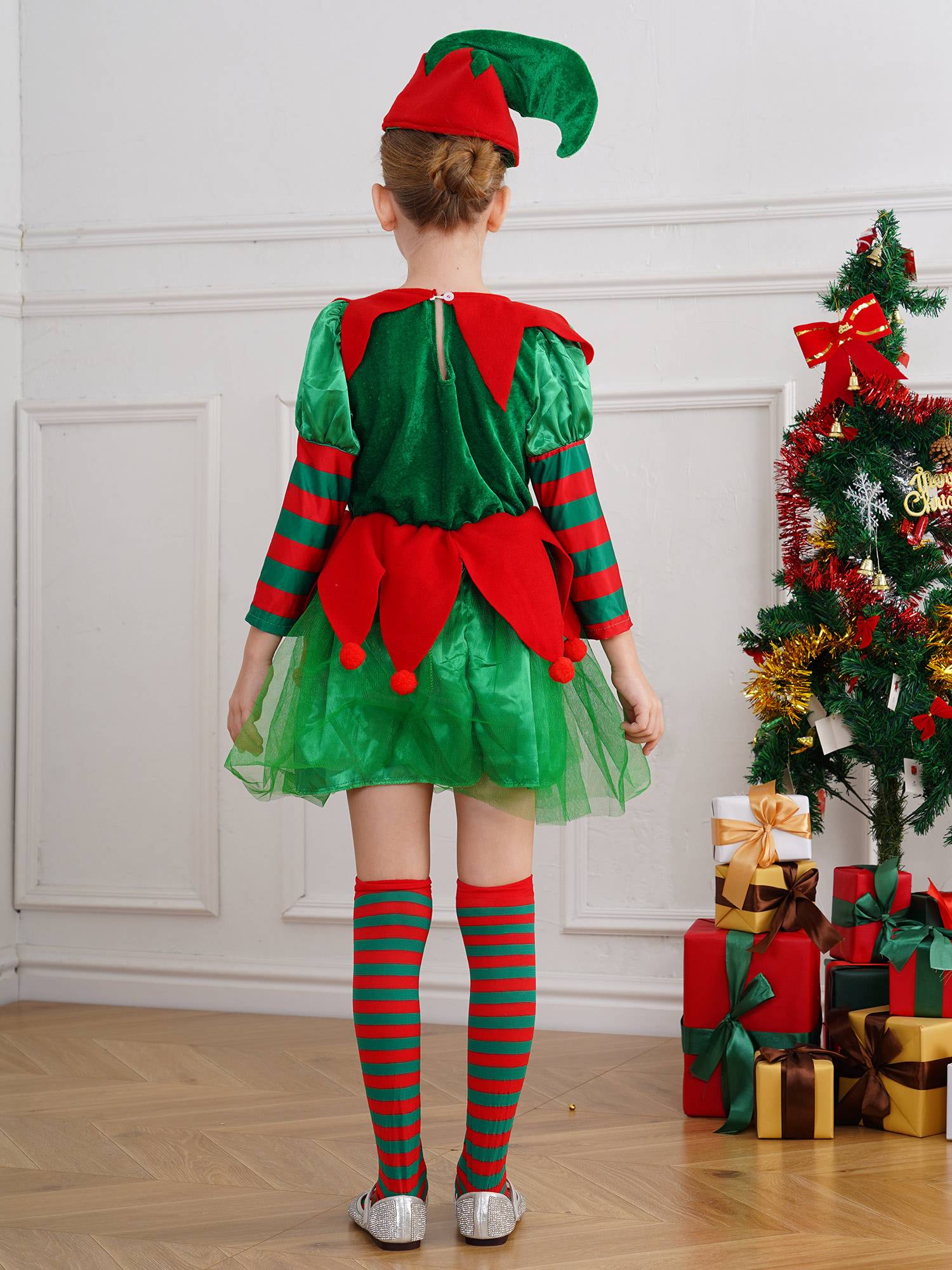 Kids Girls Christmas Elf Long Sleeve Dress with Hat and Stripes Stockings Set