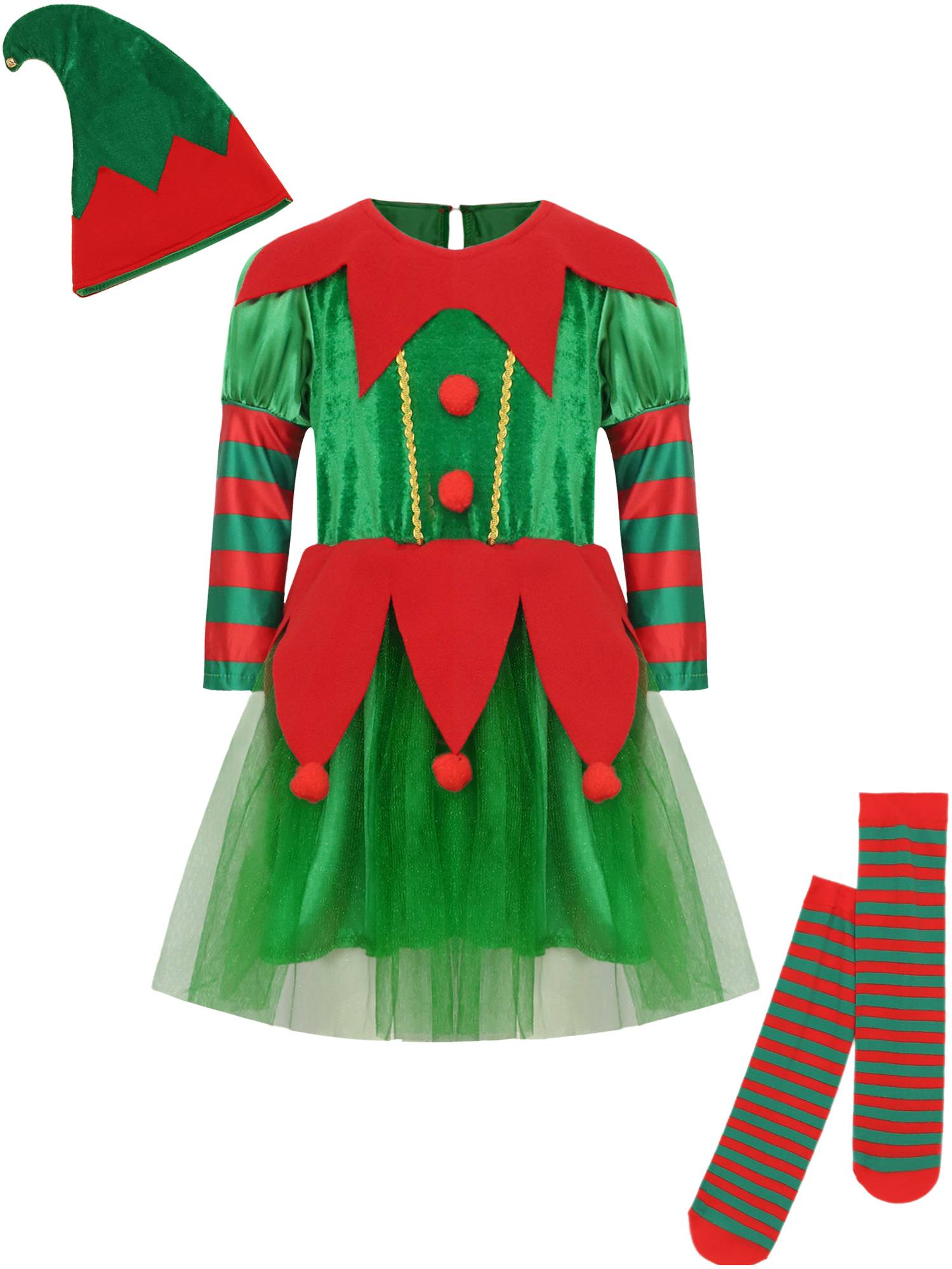 Kids Girls Christmas Elf Long Sleeve Dress with Hat and Stripes Stockings Set