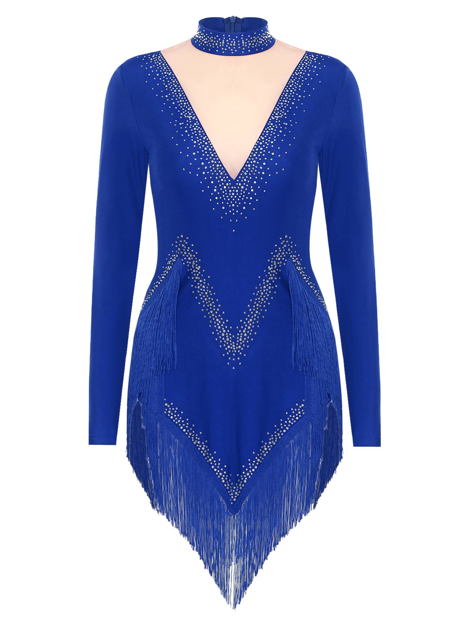 Women Long Sleeve Tassel Rhinestones Asymmetrcial Latin Dance Dress