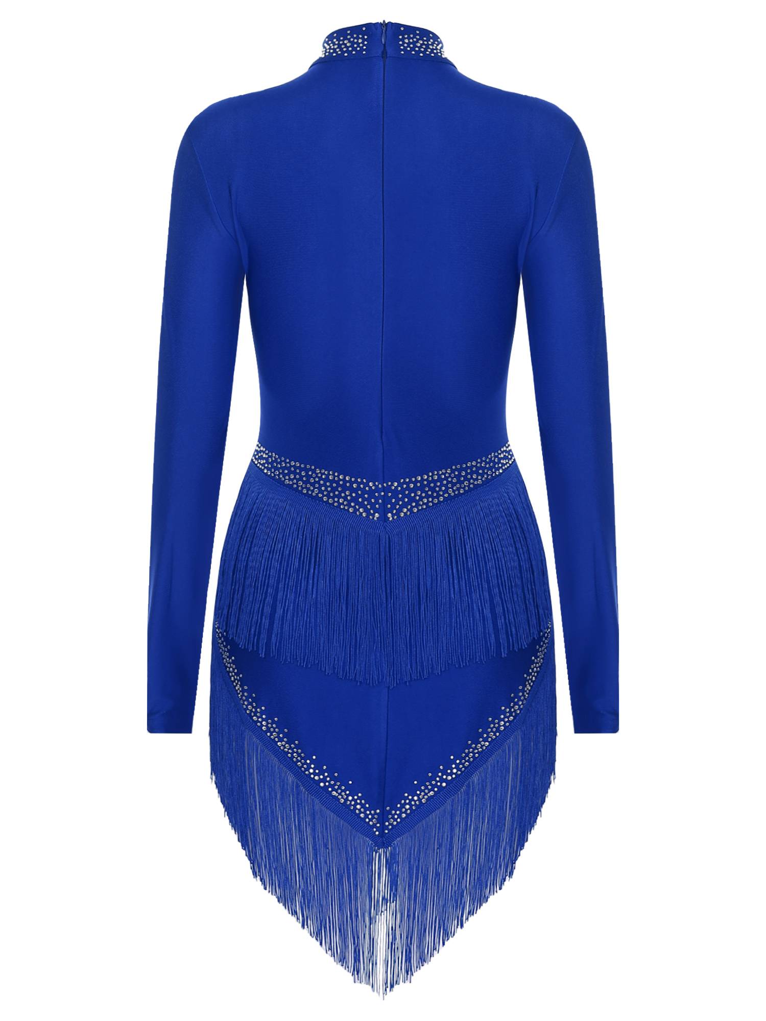 Women Long Sleeve Tassel Rhinestones Asymmetrcial Latin Dance Dress