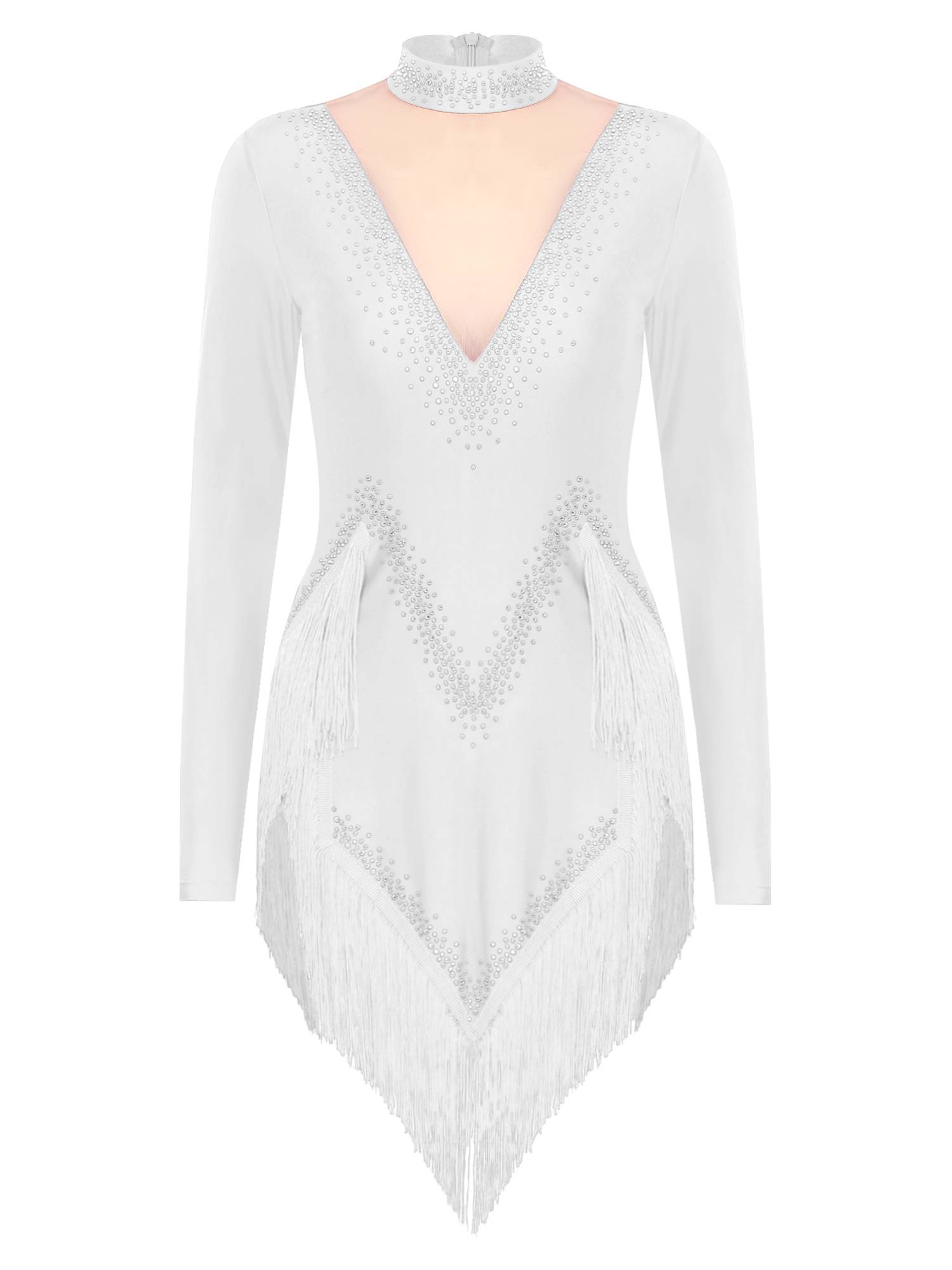 Women Long Sleeve Tassel Rhinestones Asymmetrcial Latin Dance Dress