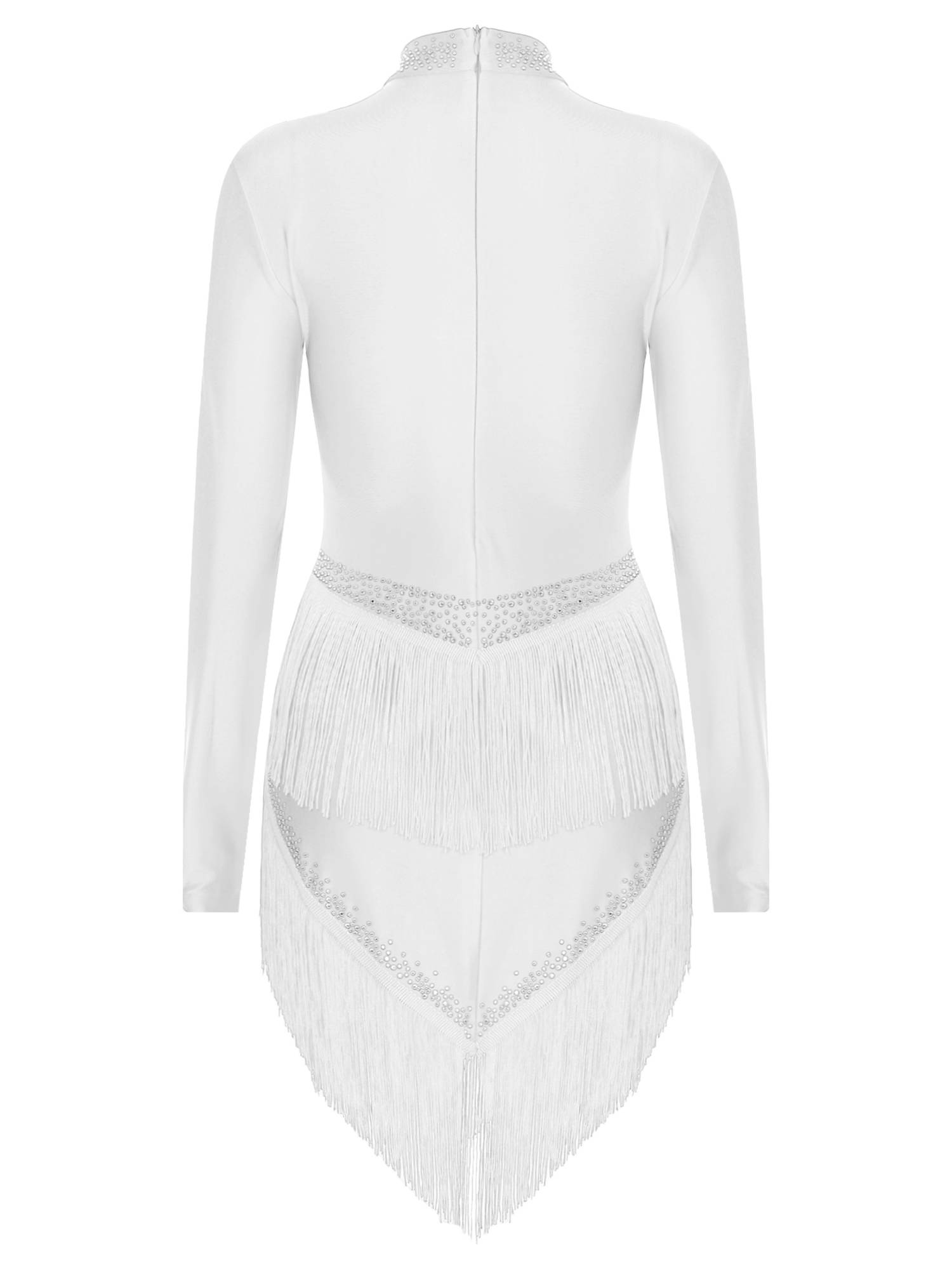 Women Long Sleeve Tassel Rhinestones Asymmetrcial Latin Dance Dress
