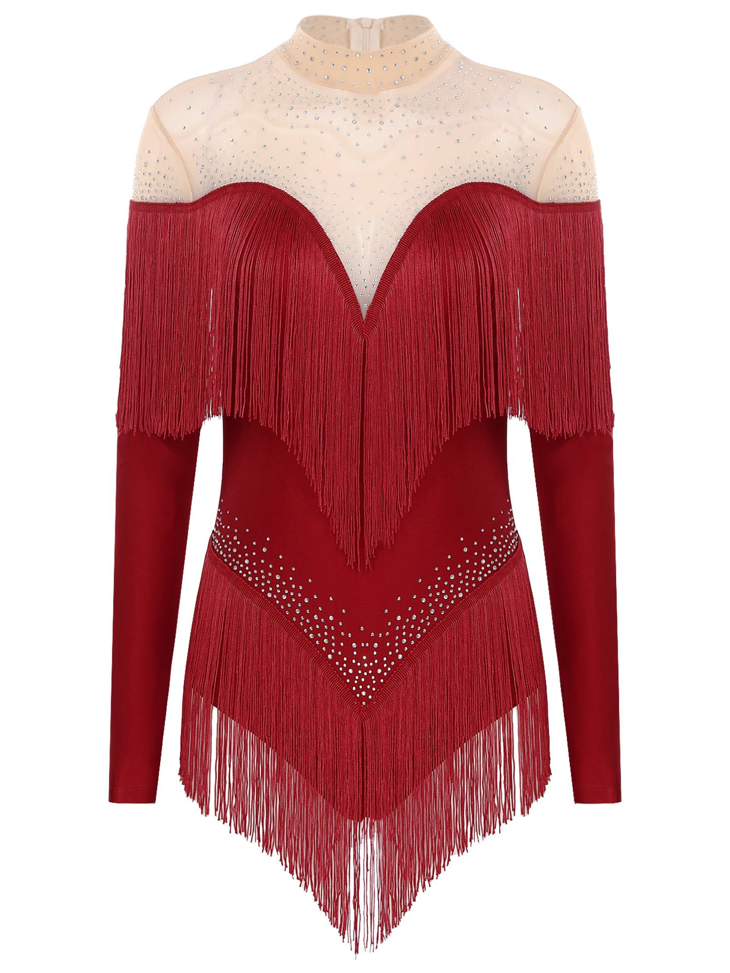 Women Long Sleeve Rhinestones Tassels Mesh Patchwork Latin Dance Leotard