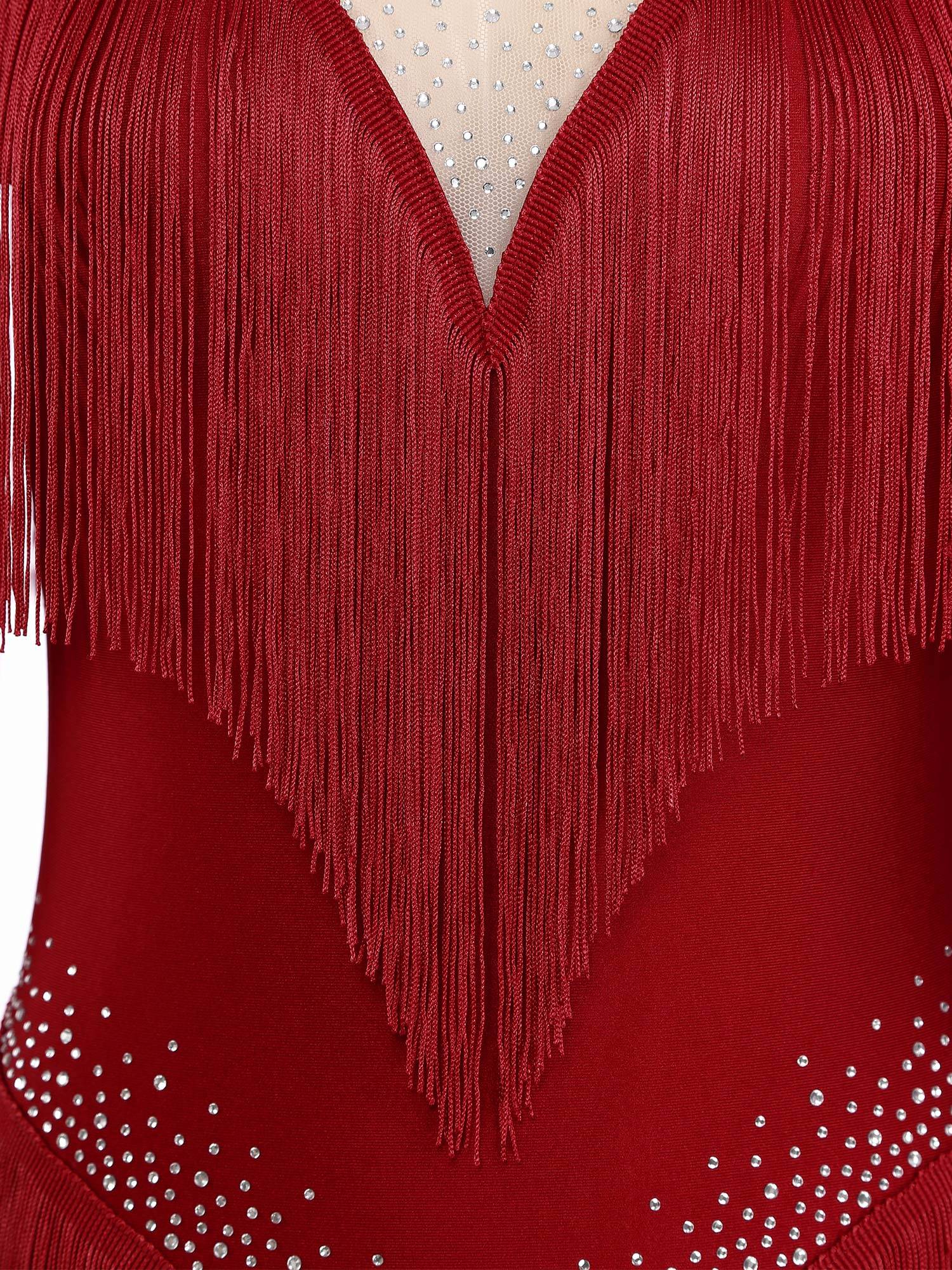 Women Long Sleeve Rhinestones Tassels Mesh Patchwork Latin Dance Leotard