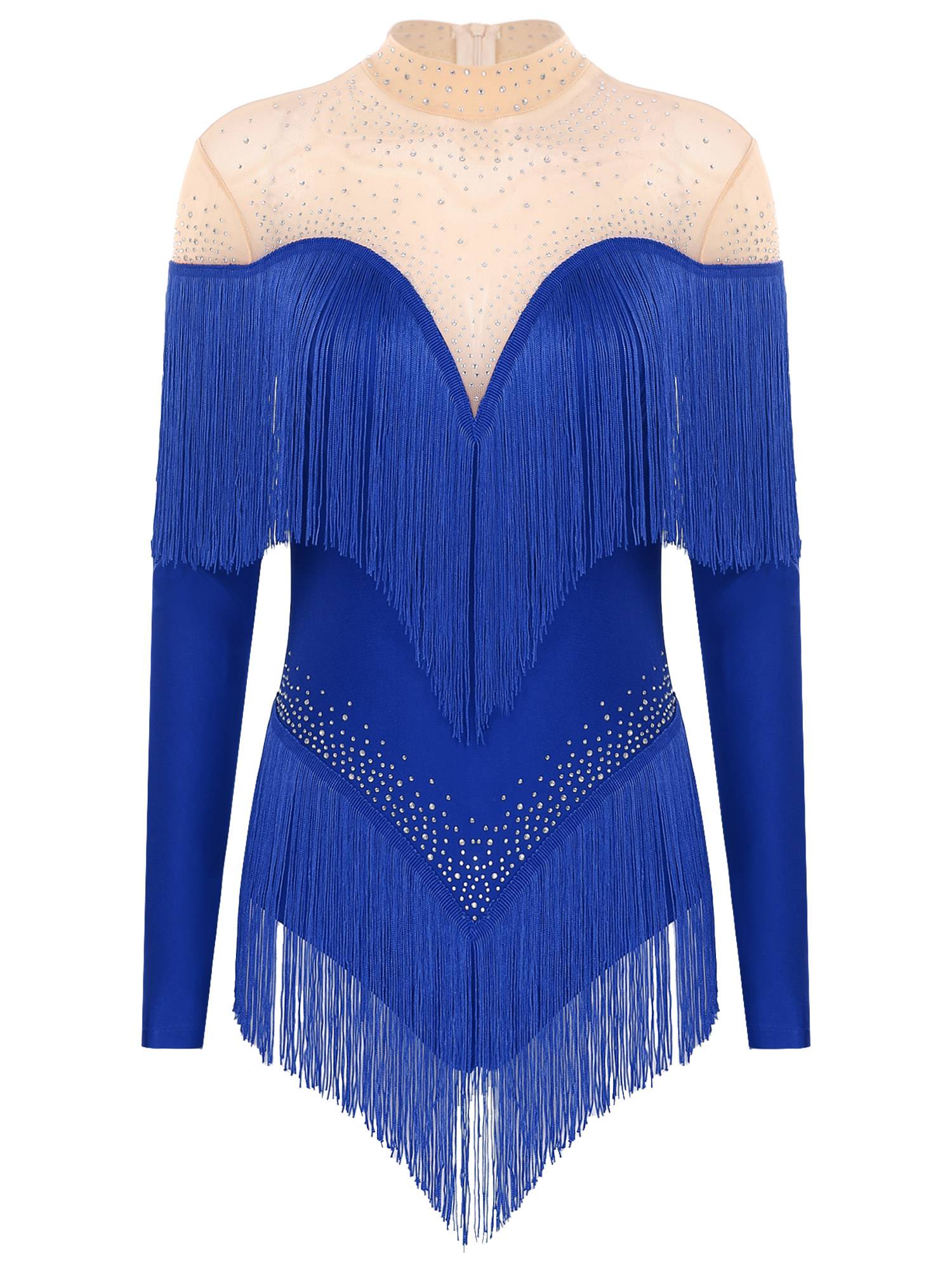 Women Long Sleeve Rhinestones Tassels Mesh Patchwork Latin Dance Leotard