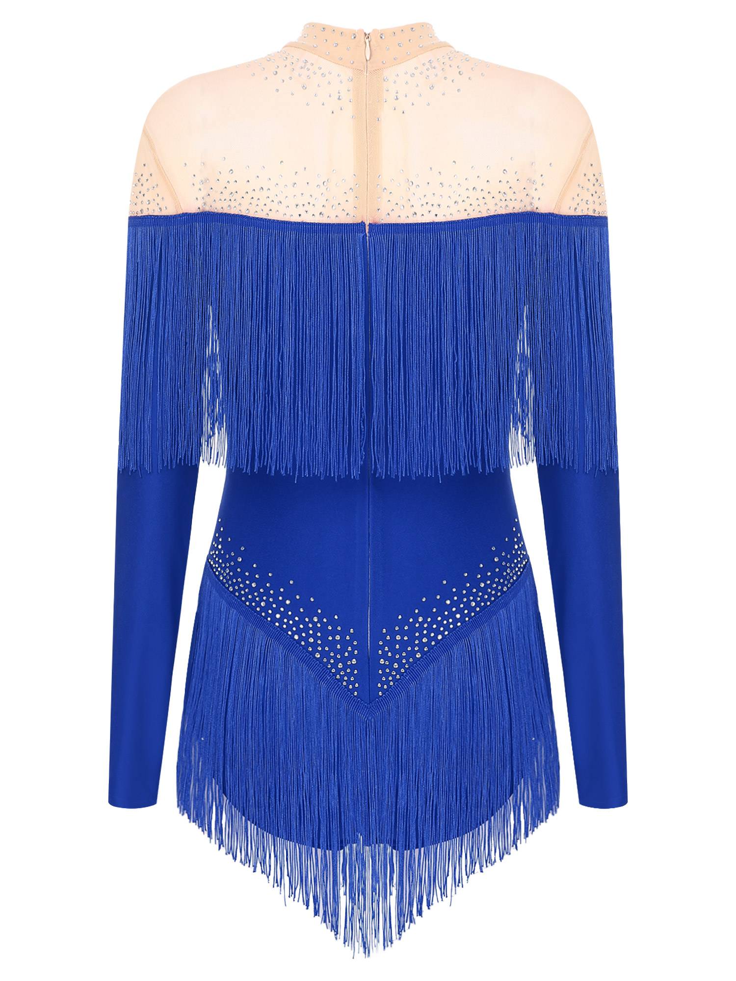 Women Long Sleeve Rhinestones Tassels Mesh Patchwork Latin Dance Leotard