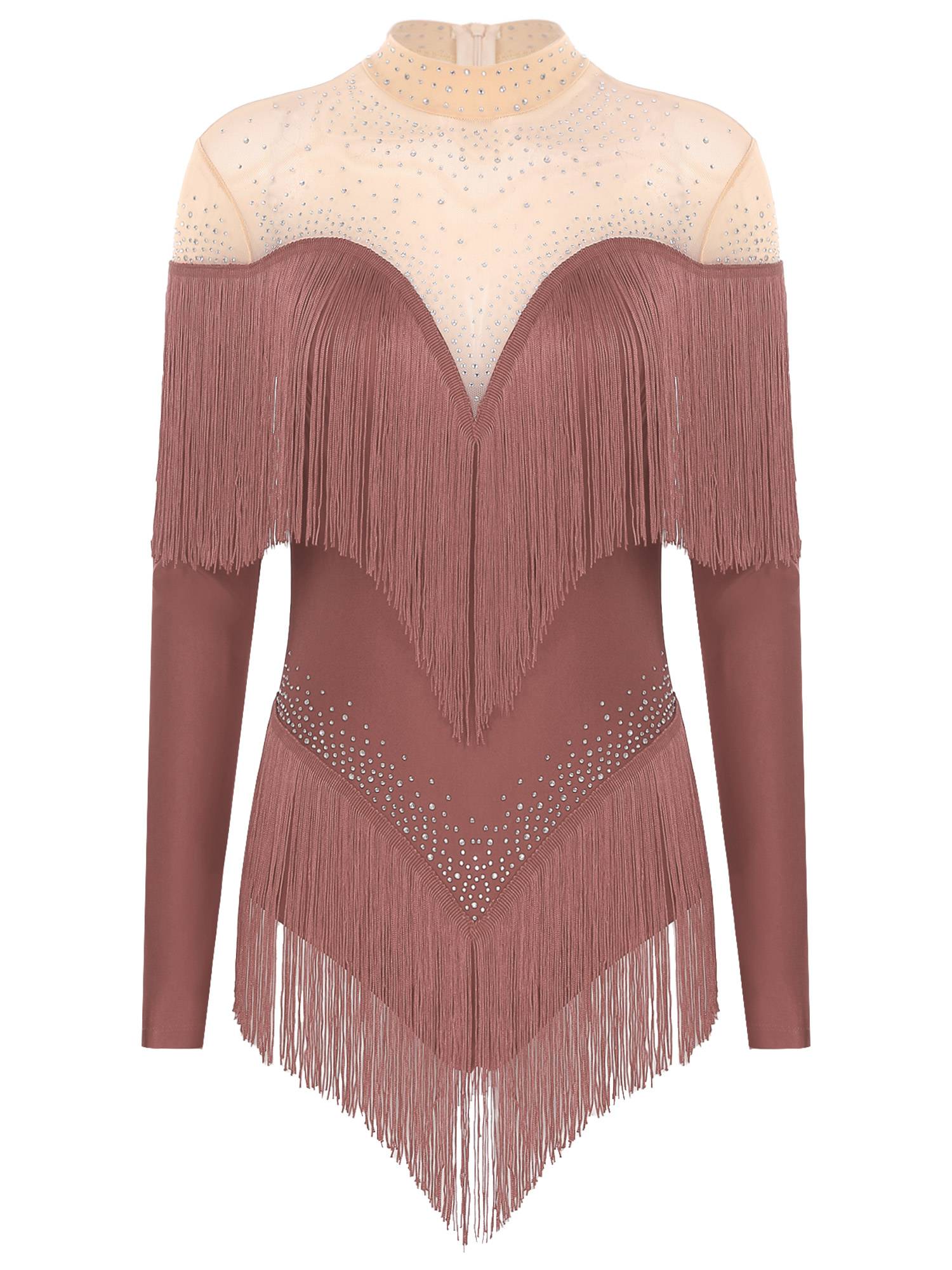Women Long Sleeve Rhinestones Tassels Mesh Patchwork Latin Dance Leotard