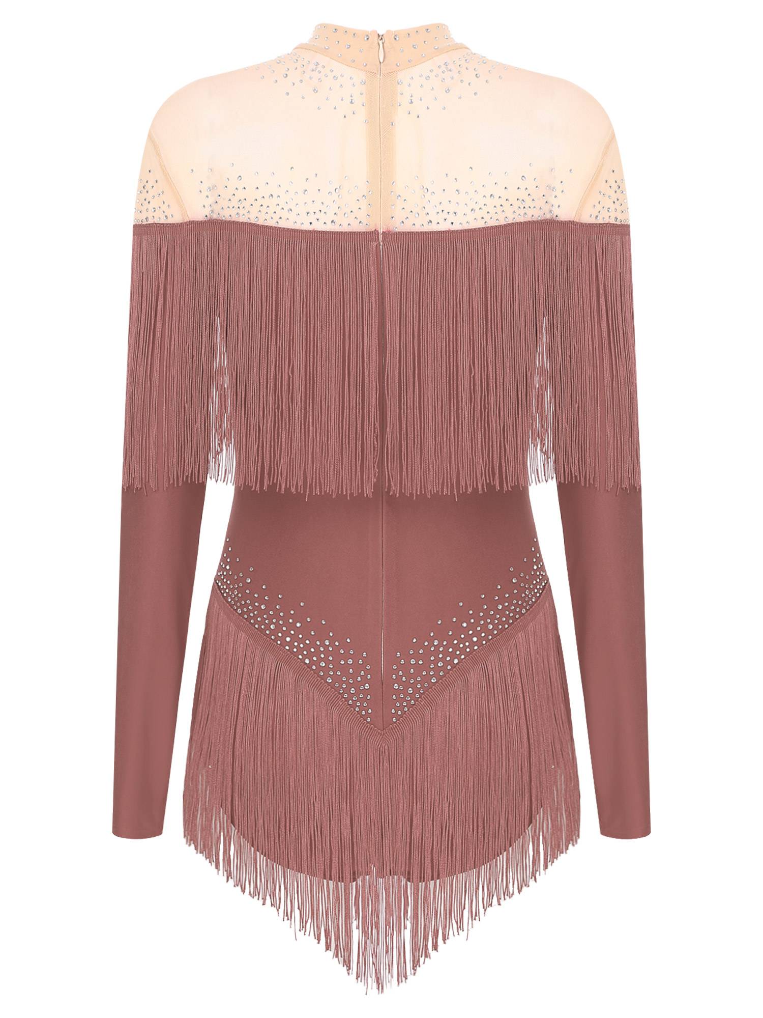 Women Long Sleeve Rhinestones Tassels Mesh Patchwork Latin Dance Leotard