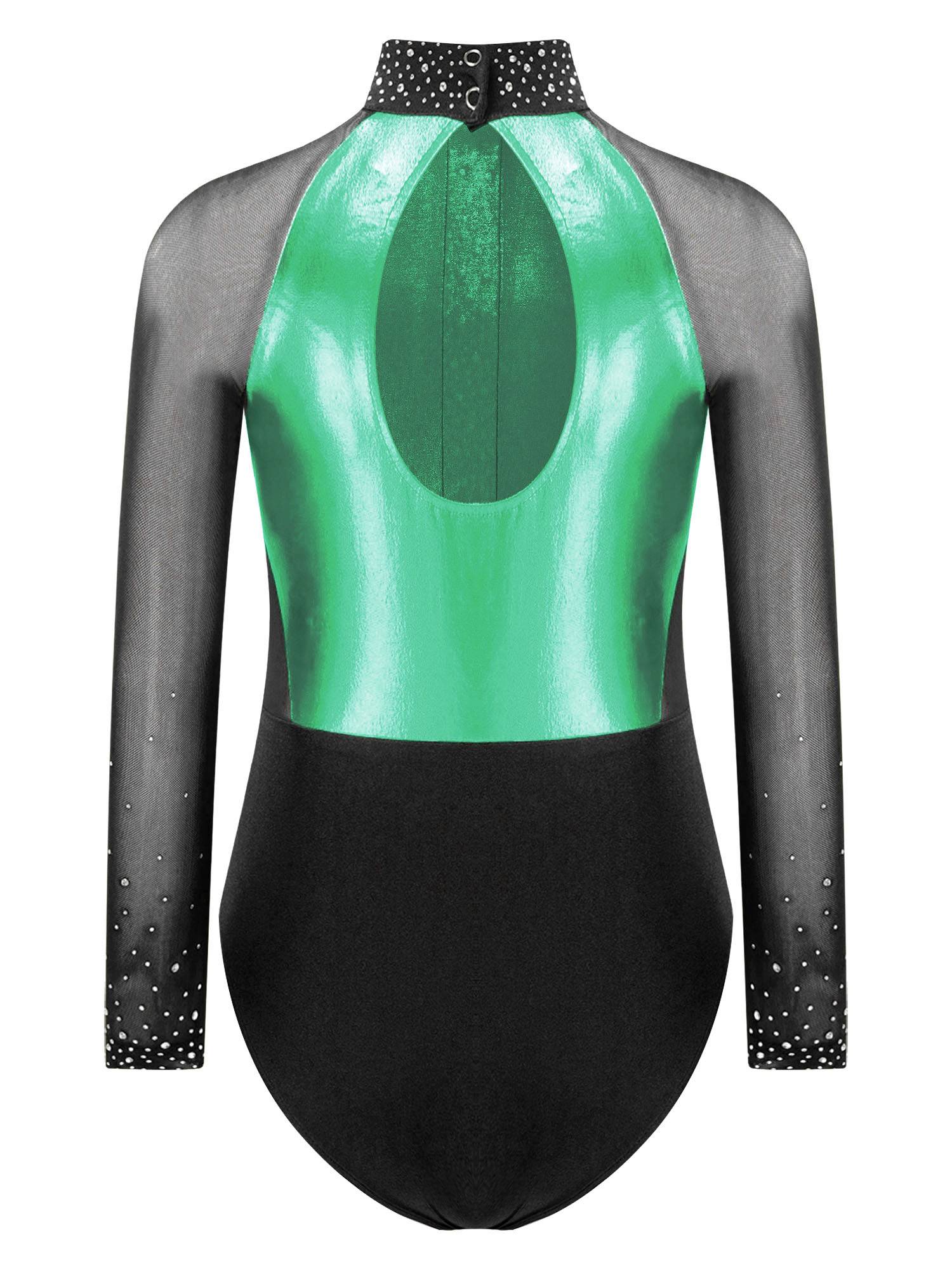 Kids Girls Shiny Rhinestones Color Block Mesh Long Sleeve Gymnastic Leotard