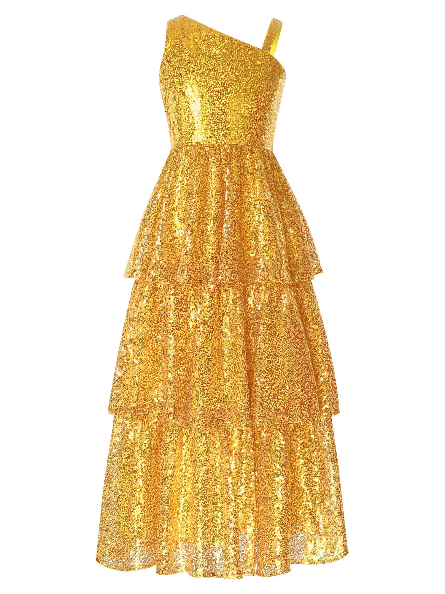 Kids Girls One Shoulder Sleeveless Sequined Tiered Ruffle A-line Birthday Dress