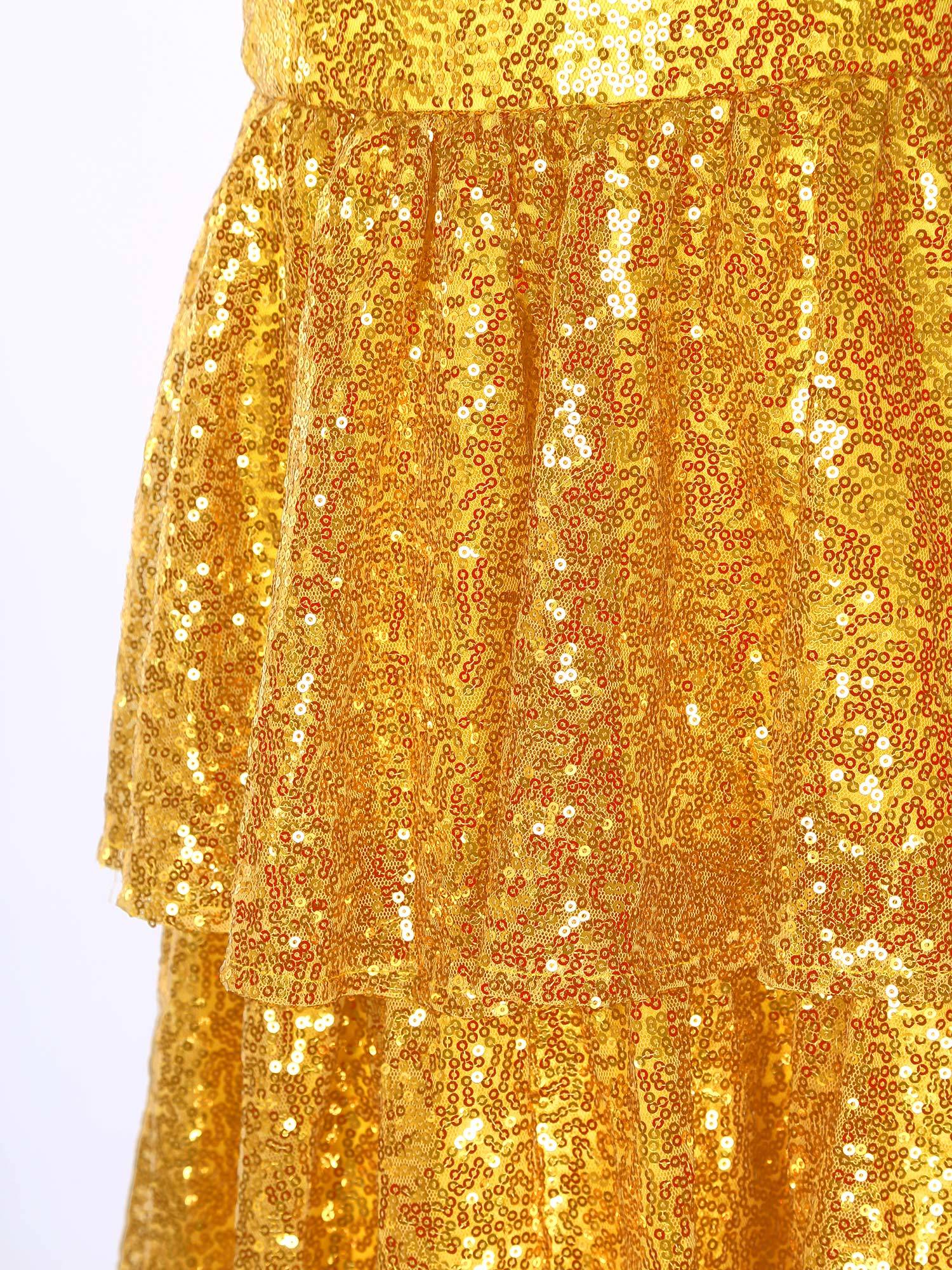 Kids Girls One Shoulder Sleeveless Sequined Tiered Ruffle A-line Birthday Dress