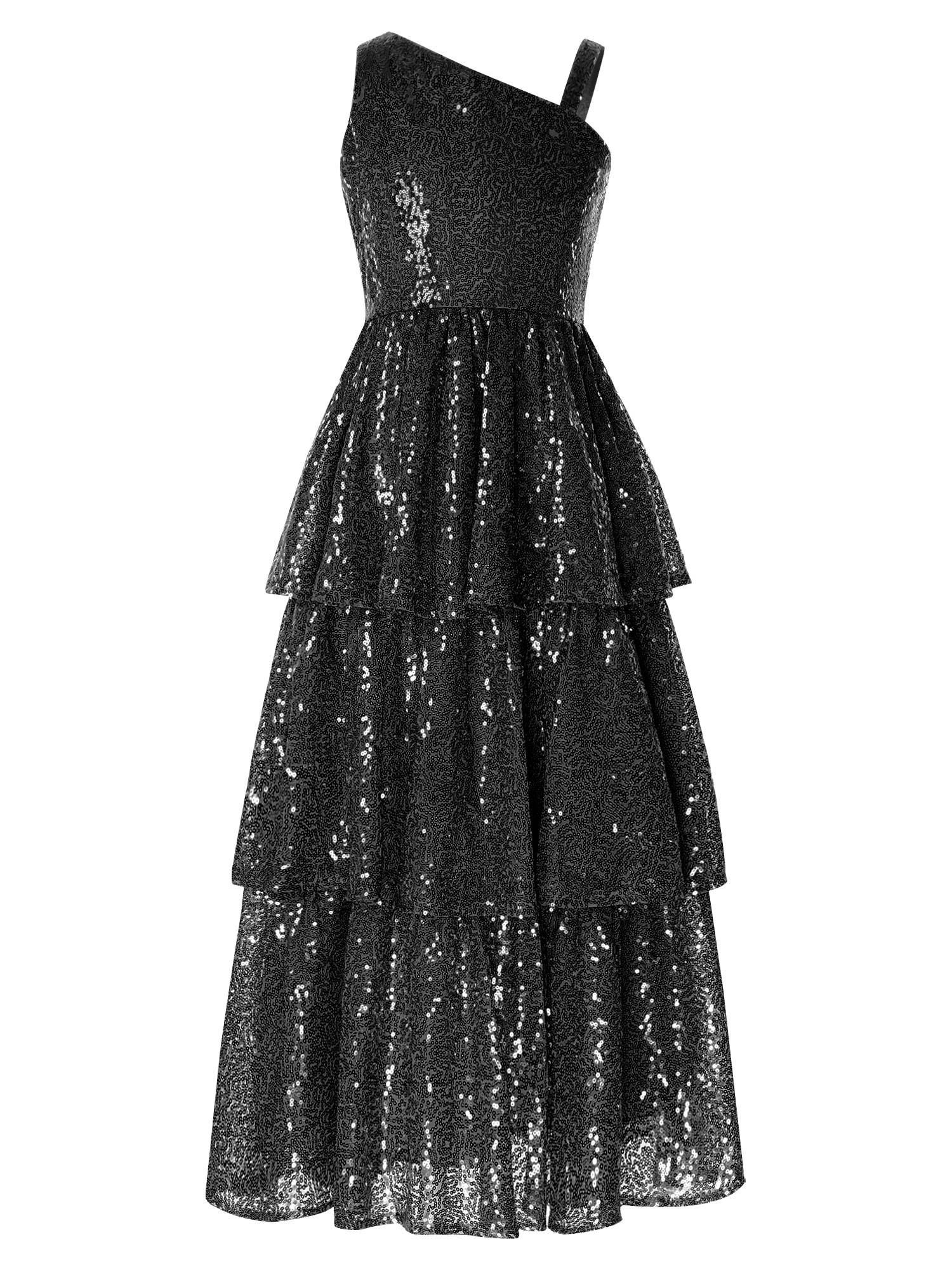 Kids Girls One Shoulder Sleeveless Sequined Tiered Ruffle A-line Birthday Dress