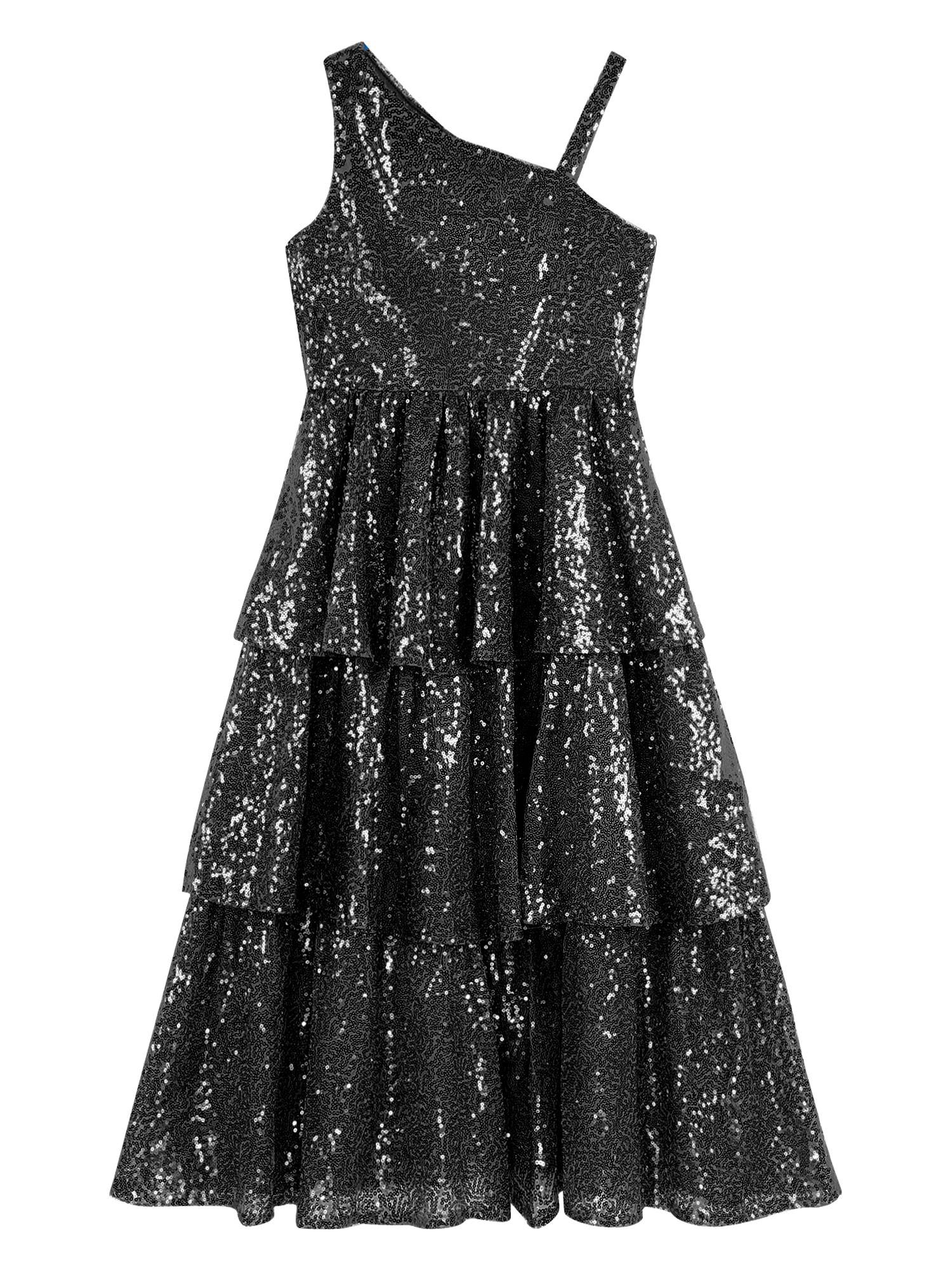 Kids Girls One Shoulder Sleeveless Sequined Tiered Ruffle A-line Birthday Dress