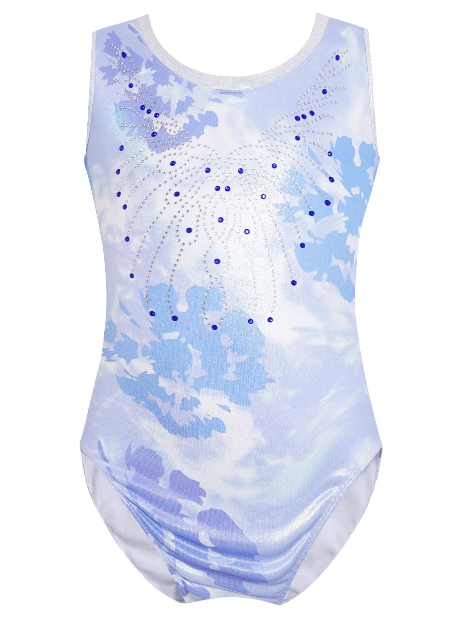 Kids Girls V Neck Sleeveless Shiny Rhinestones Gymnastics Leotard