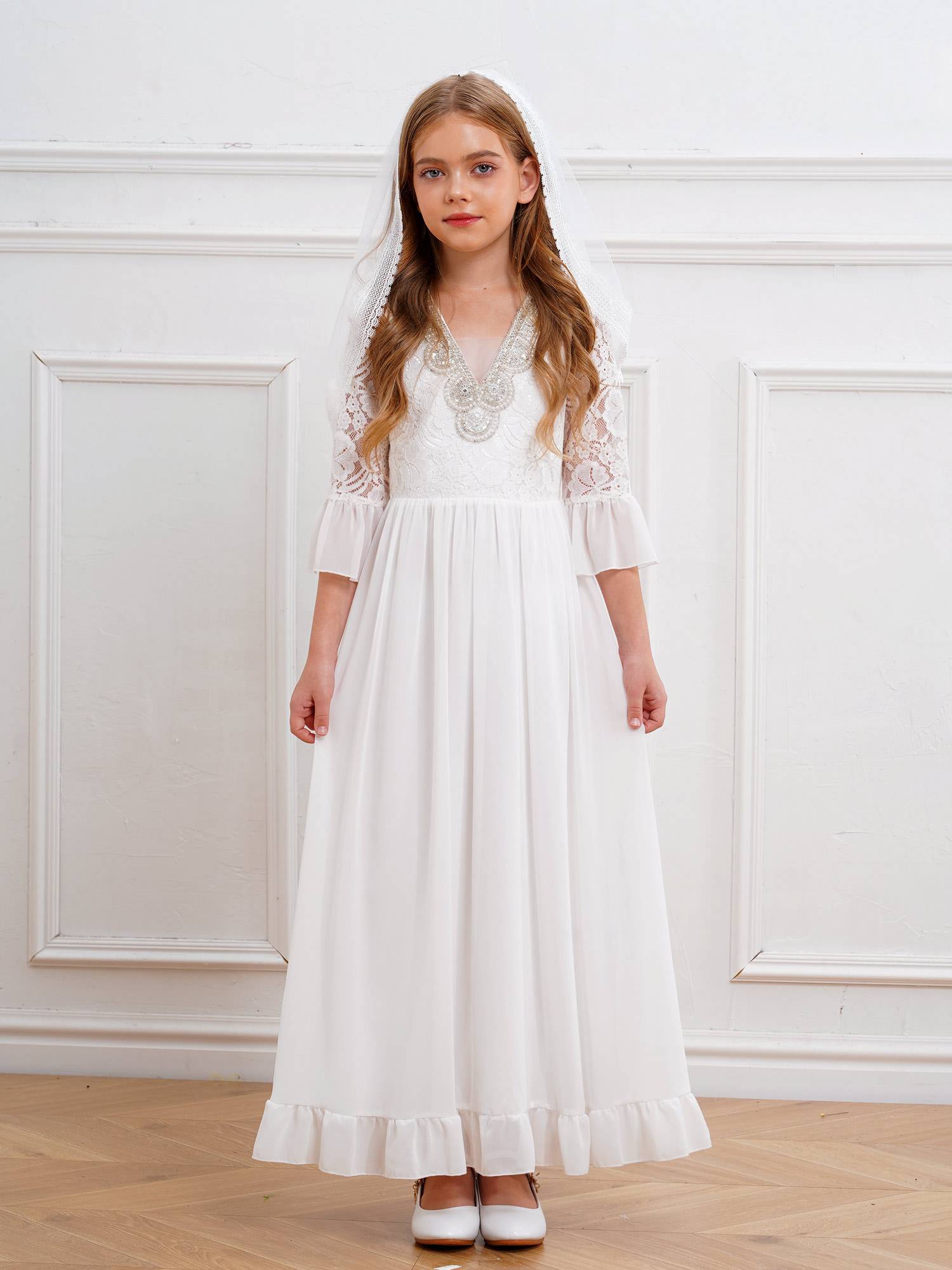 Floral Lace V Neck Flower Girl Maxi Dress with Mesh Veil
