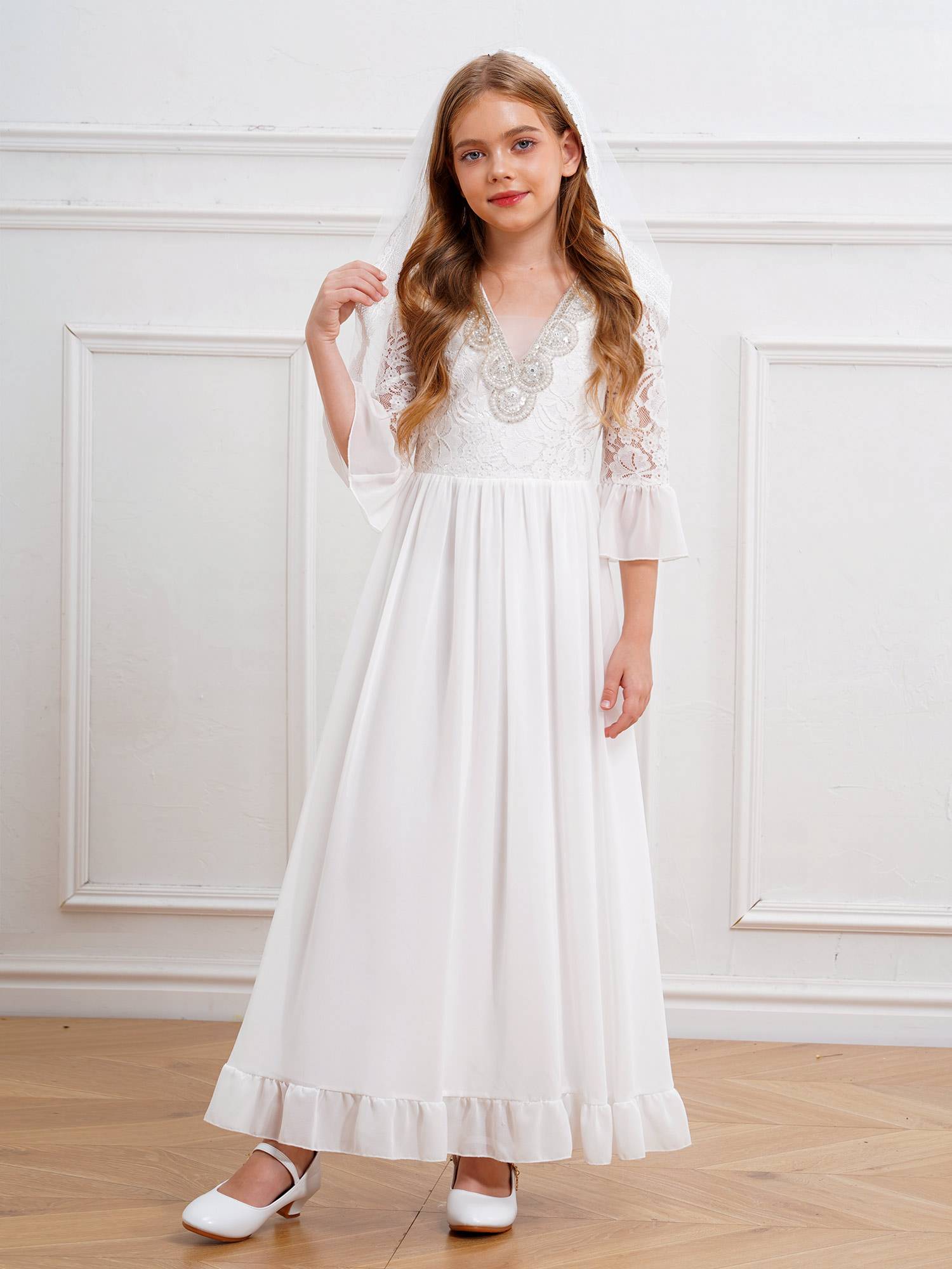 Floral Lace V Neck Flower Girl Maxi Dress with Mesh Veil