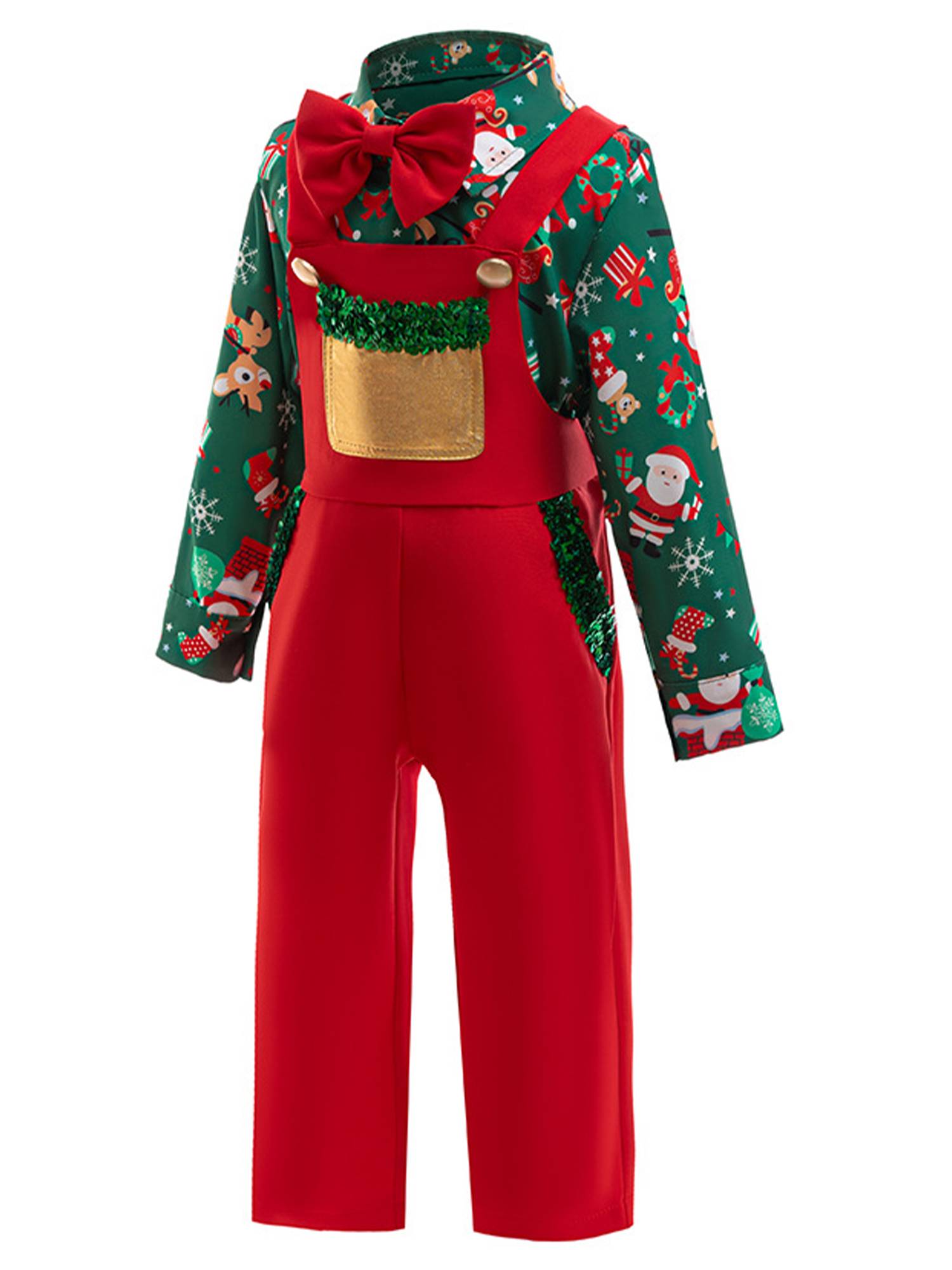 Toddler Boys Christmas 3pcs Long Sleeve Santa Shirt and Pants with Bow Tie Set